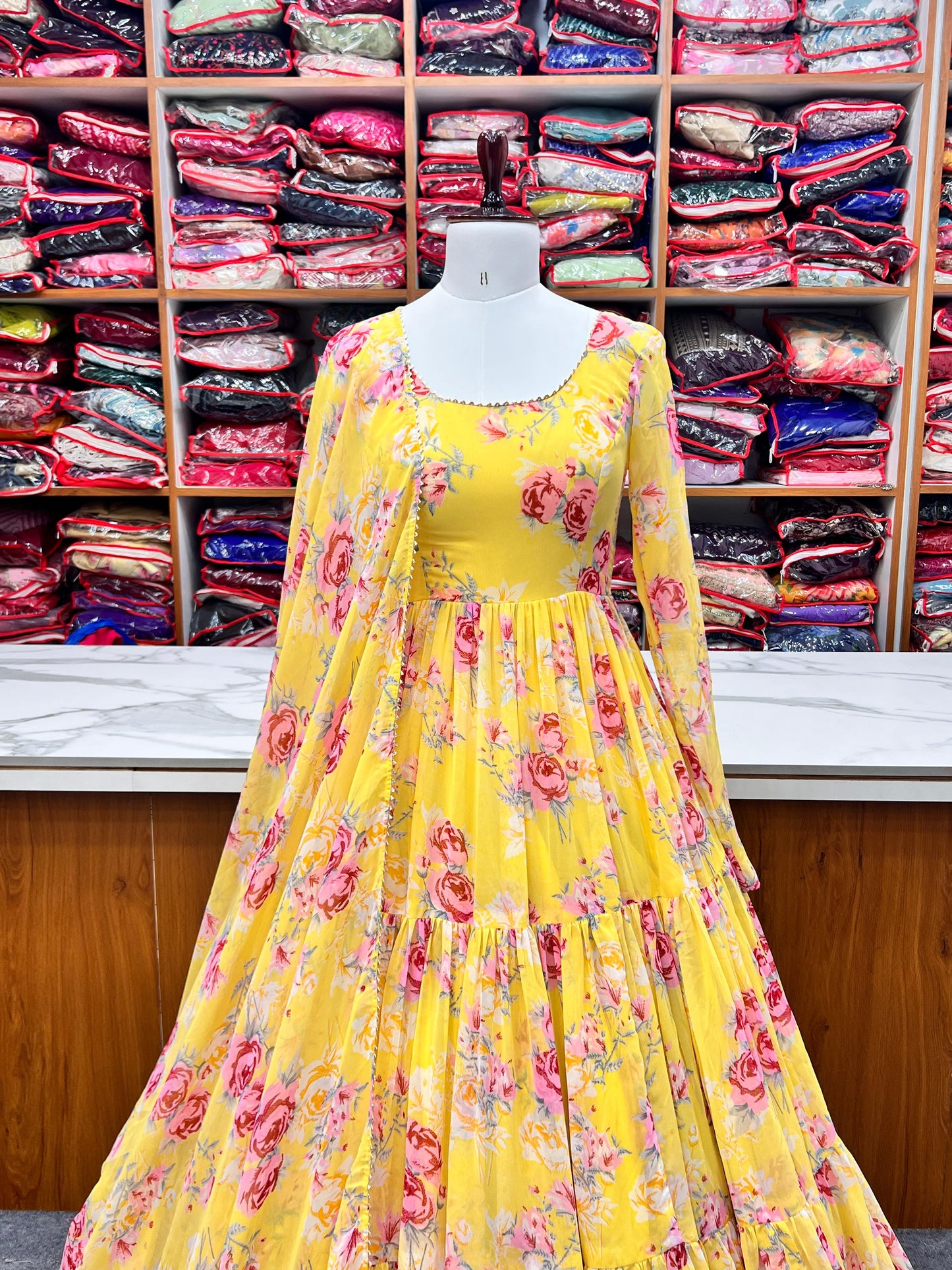 Yellow Color Georgette Floral Print Anarkali 3pc Kurta Set