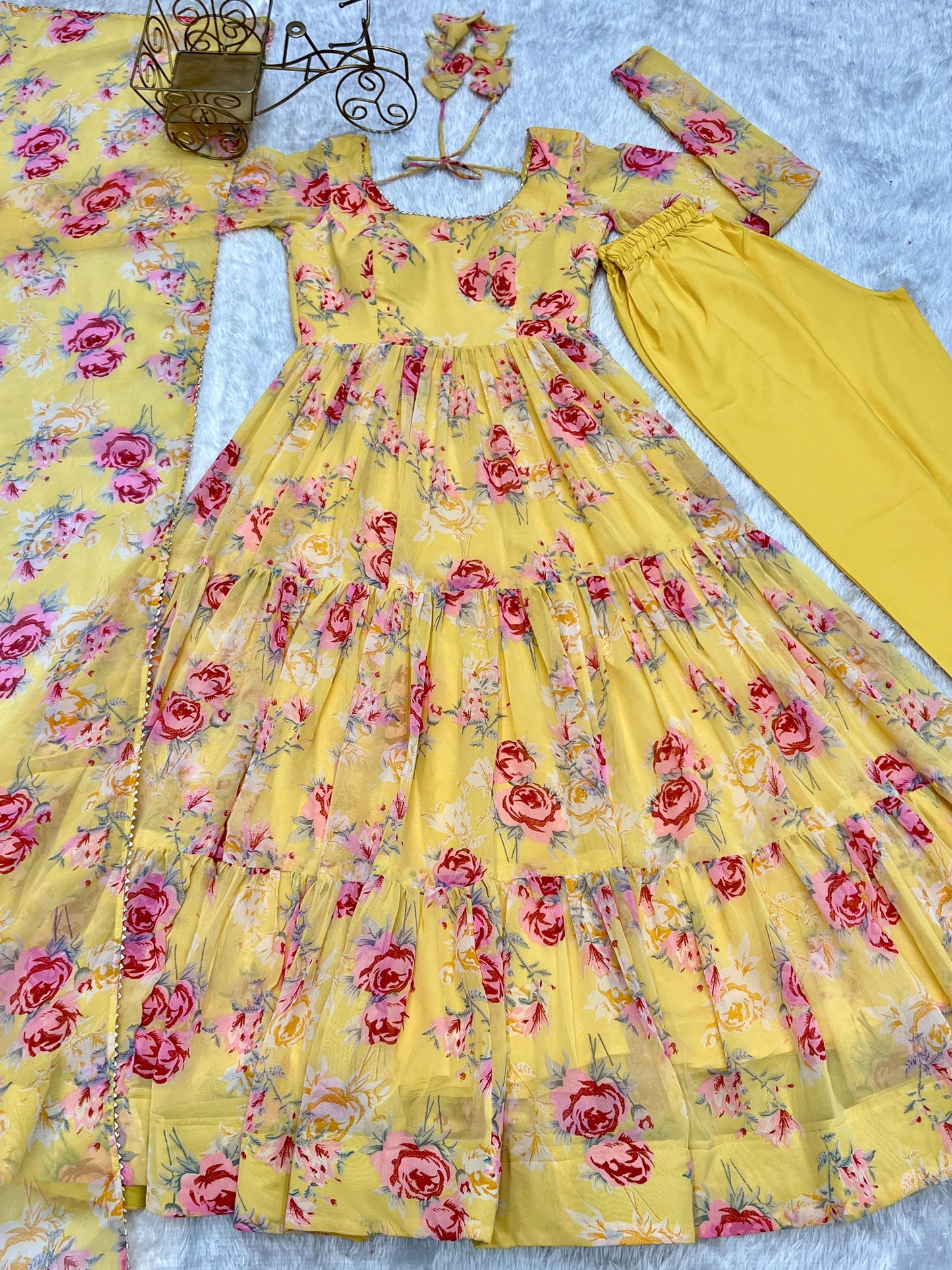 Yellow Color Georgette Floral Print Anarkali 3pc Kurta Set