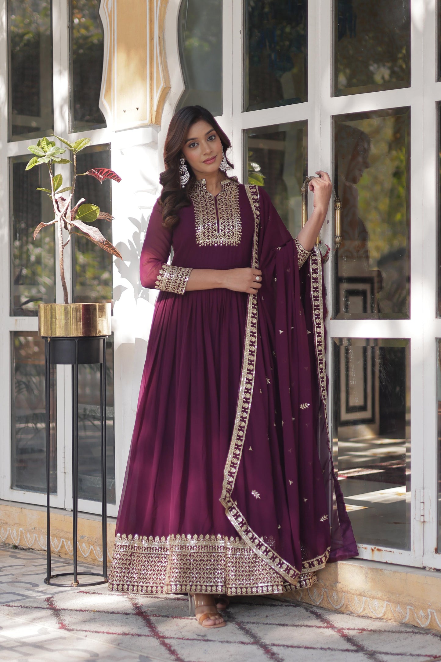 Faux Blooming Georgette Rich Sequins Work Gown With Dupatta Set