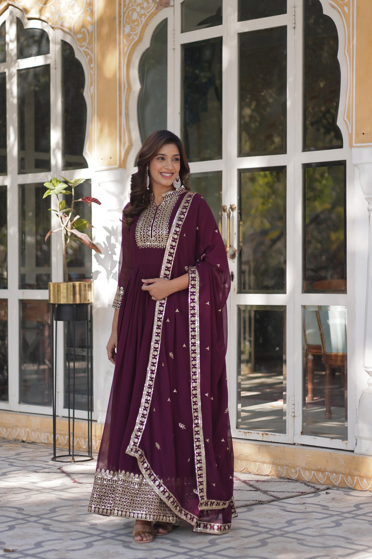 Faux Blooming Georgette Rich Sequins Work Gown With Dupatta Set
