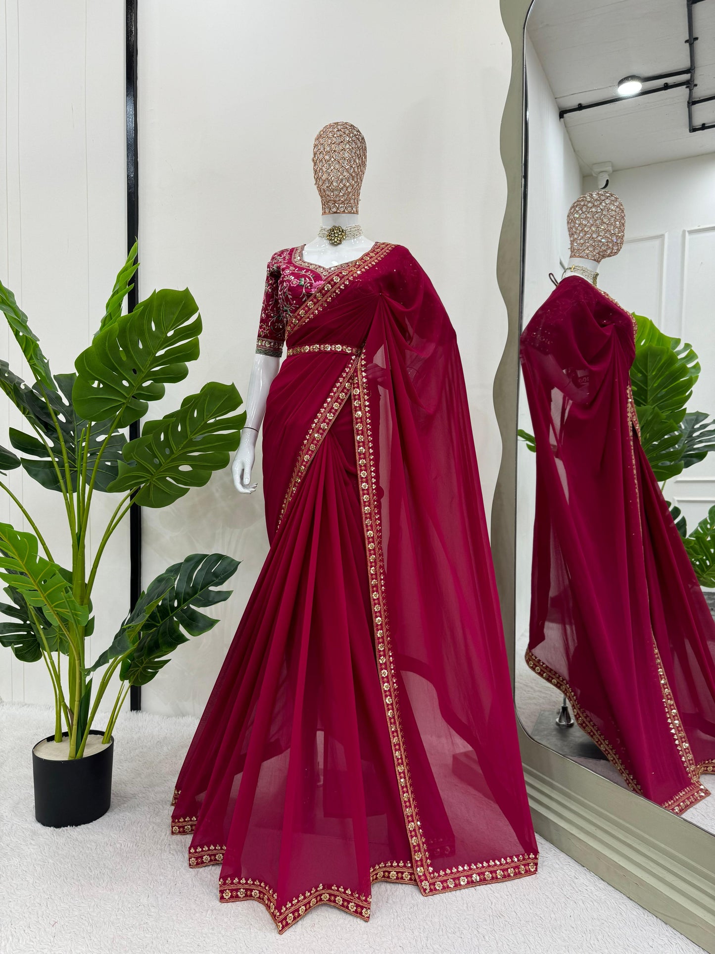 Maroon Faux Georgette Sequence Embroidery Work With Kamar Belt Saree