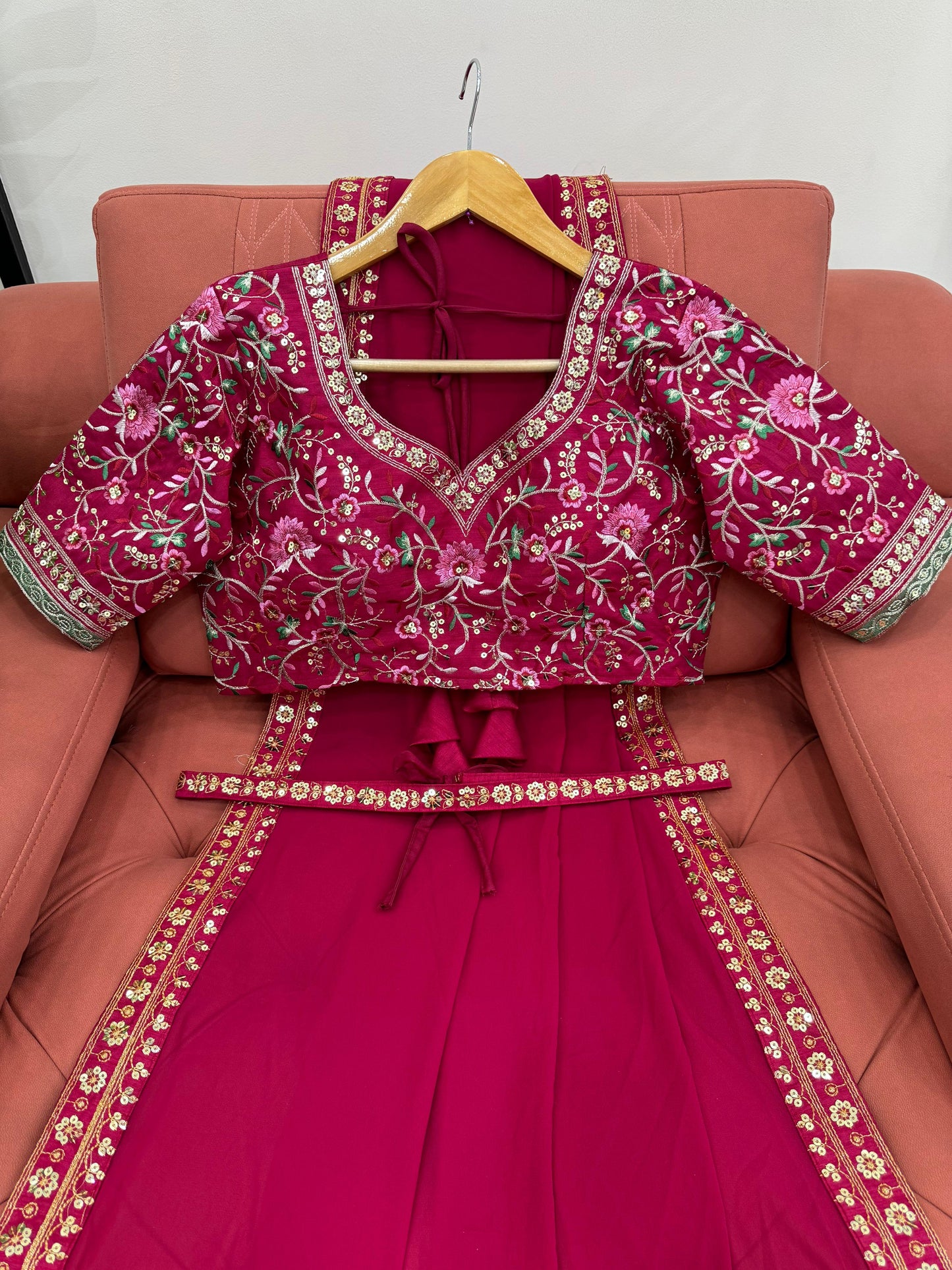 Maroon Faux Georgette Sequence Embroidery Work With Kamar Belt Saree