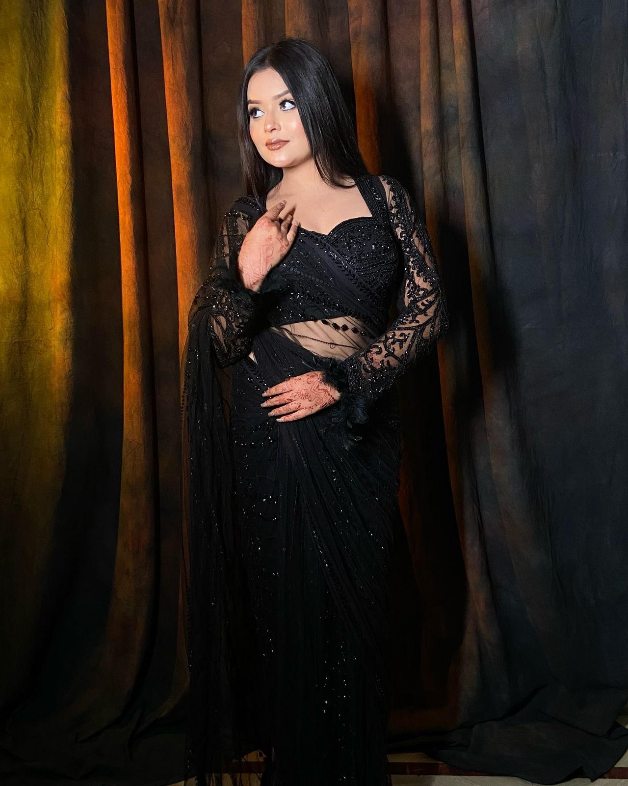 Beautiful Black Soft NetThread & Sequins work Saree