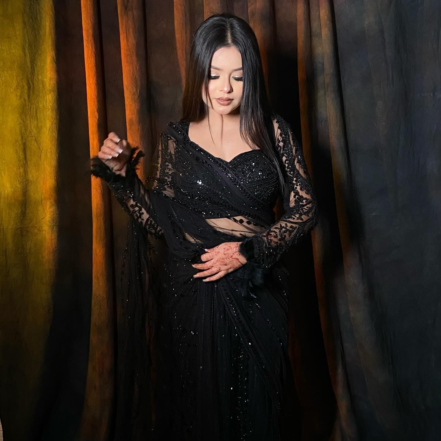 Beautiful Black Soft NetThread & Sequins work Saree