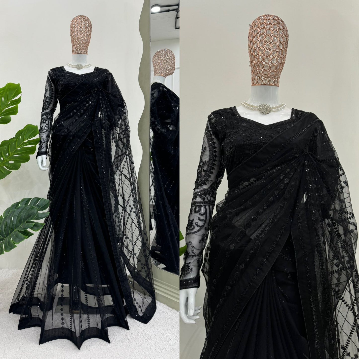 Beautiful Black Soft NetThread & Sequins work Saree