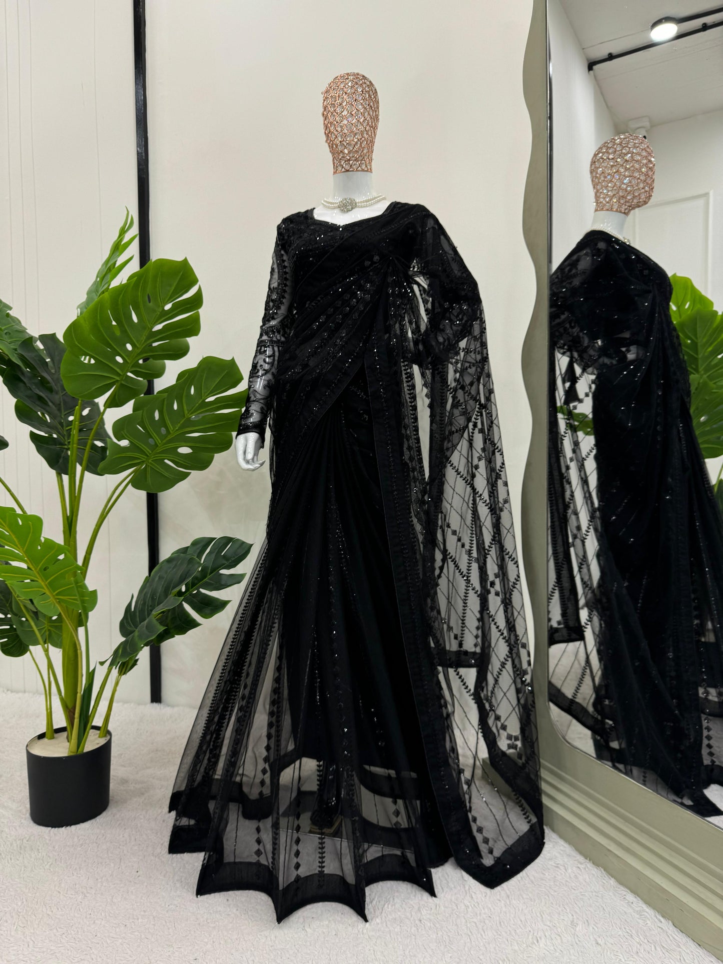 Beautiful Black Soft NetThread & Sequins work Saree