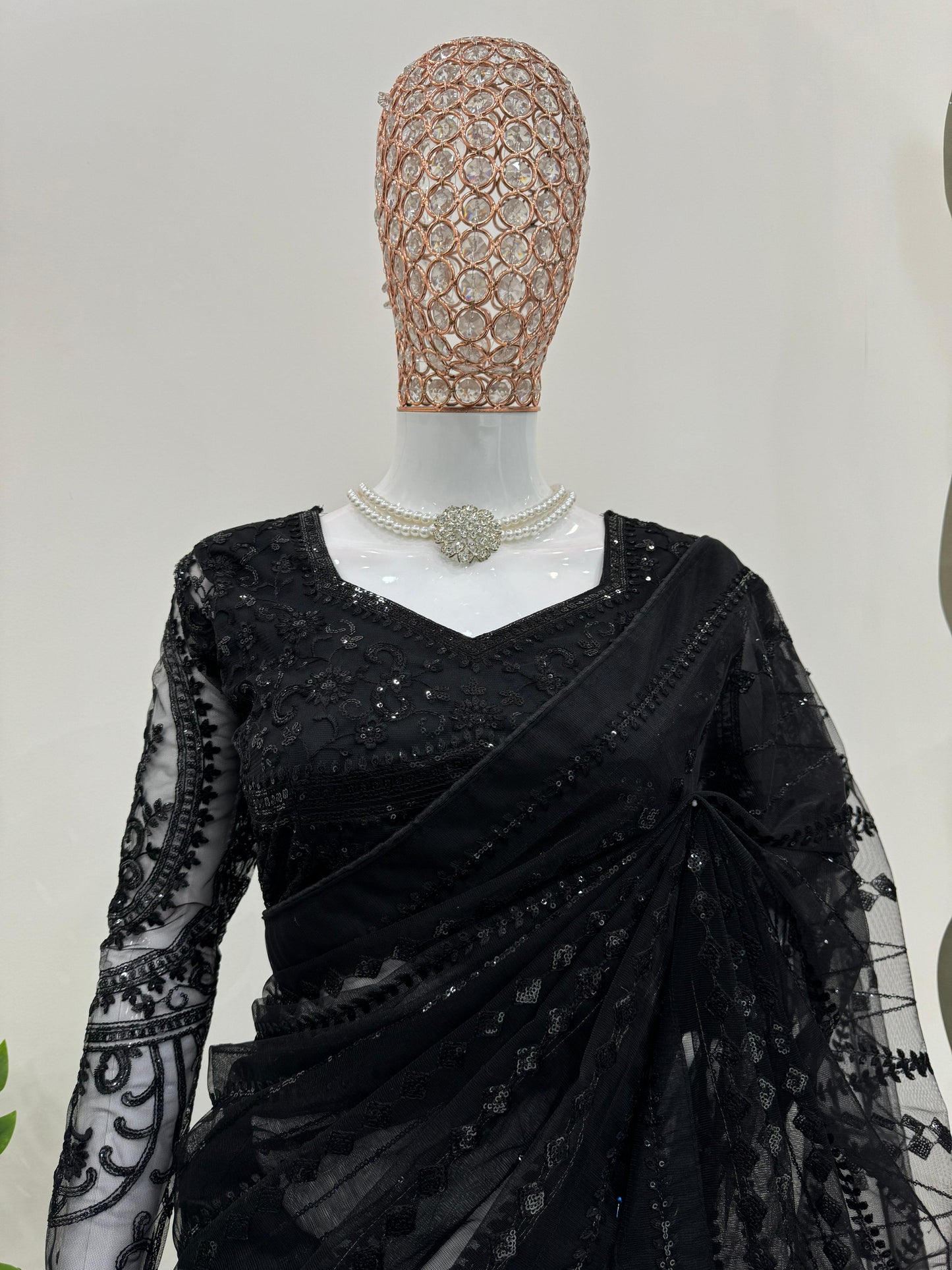Beautiful Black Soft NetThread & Sequins work Saree