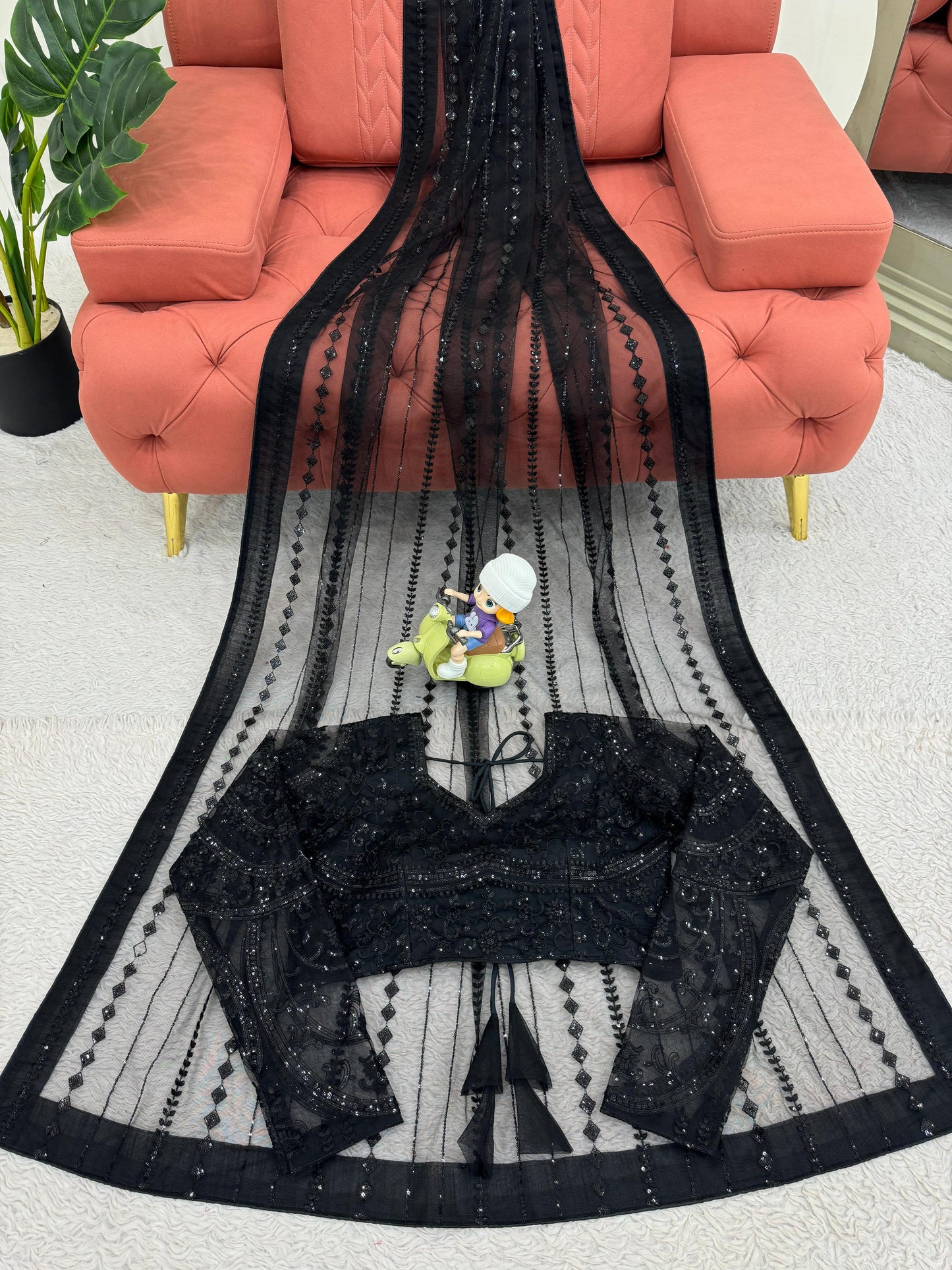 Beautiful Black Soft NetThread & Sequins work Saree