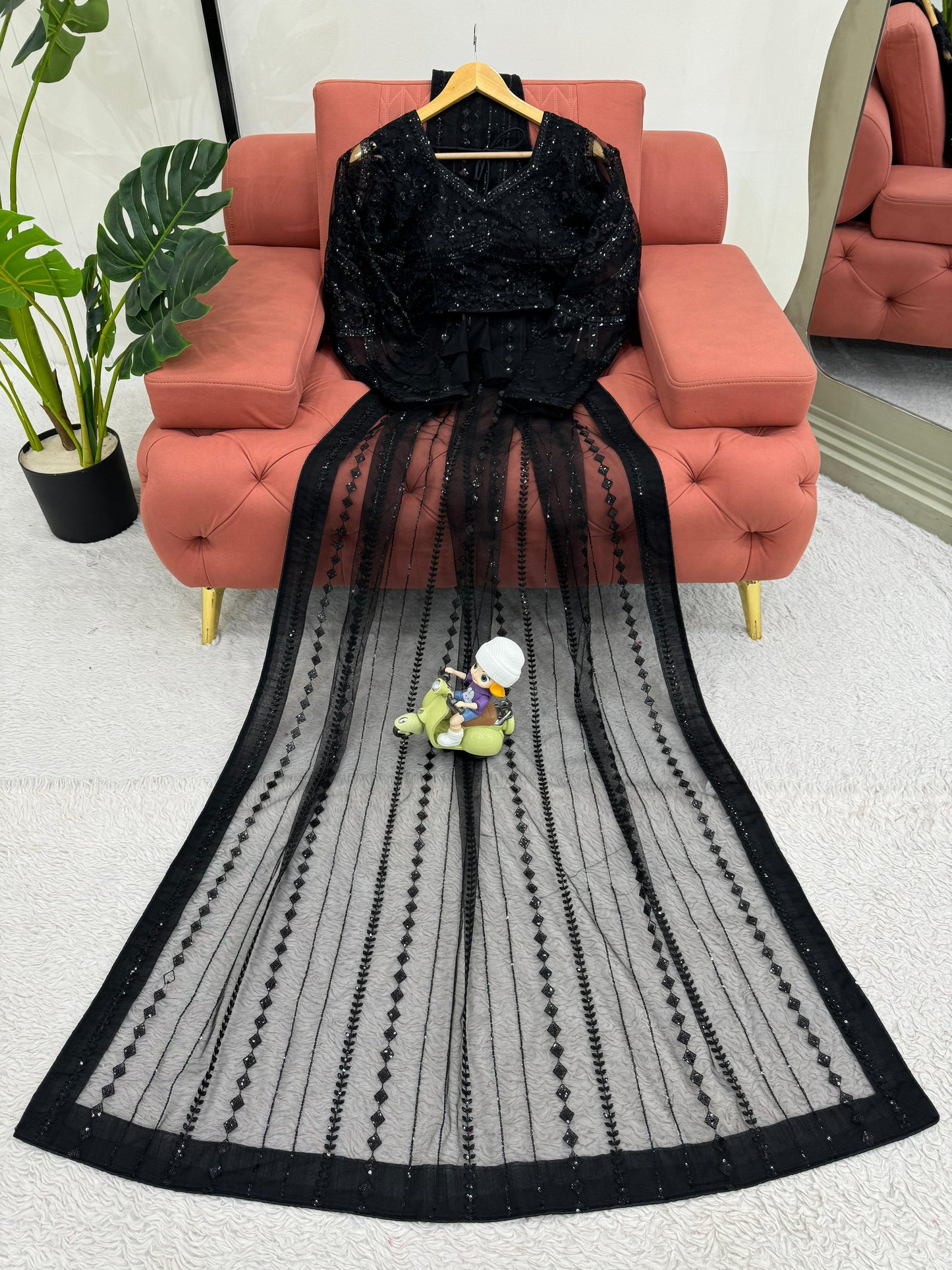 Beautiful Black Soft NetThread & Sequins work Saree