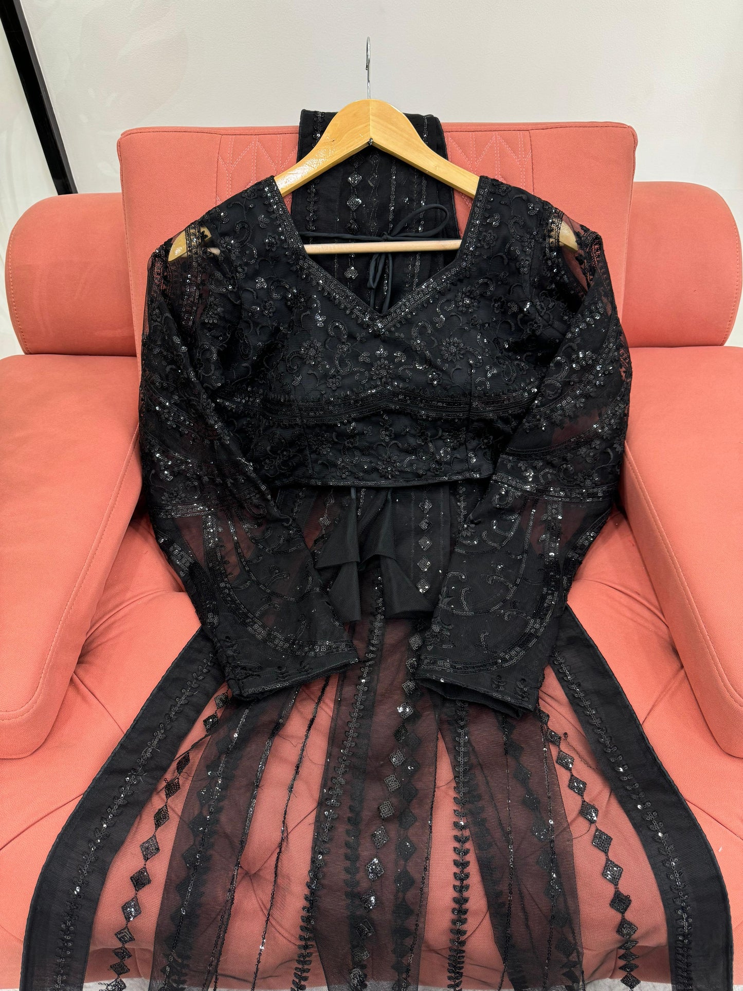 Beautiful Black Soft NetThread & Sequins work Saree
