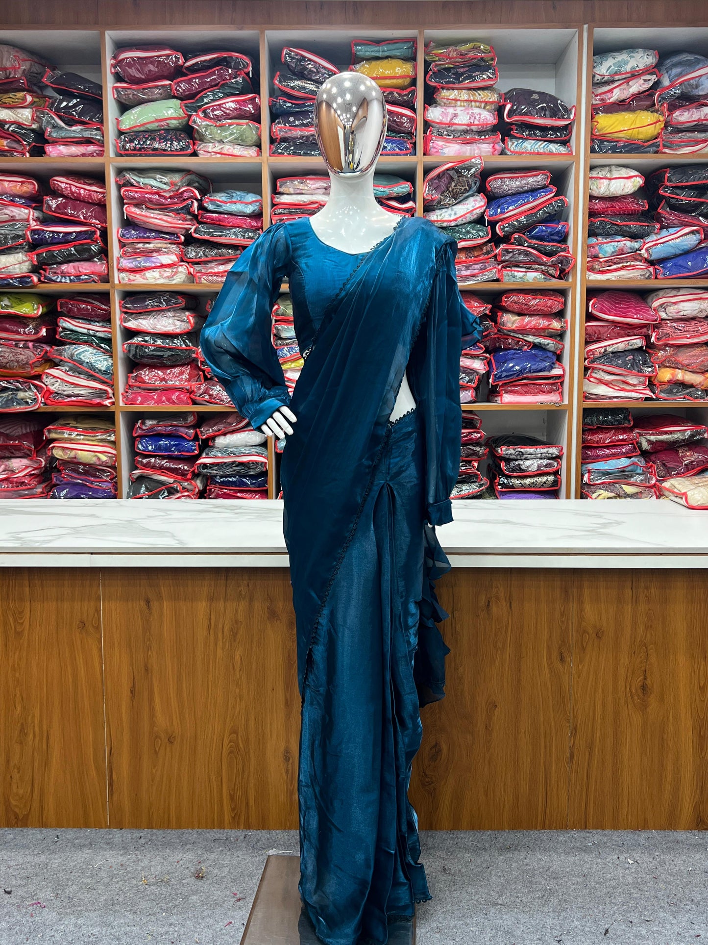 Tealblue Jimmy Choo Organza Ready To Wear Saree