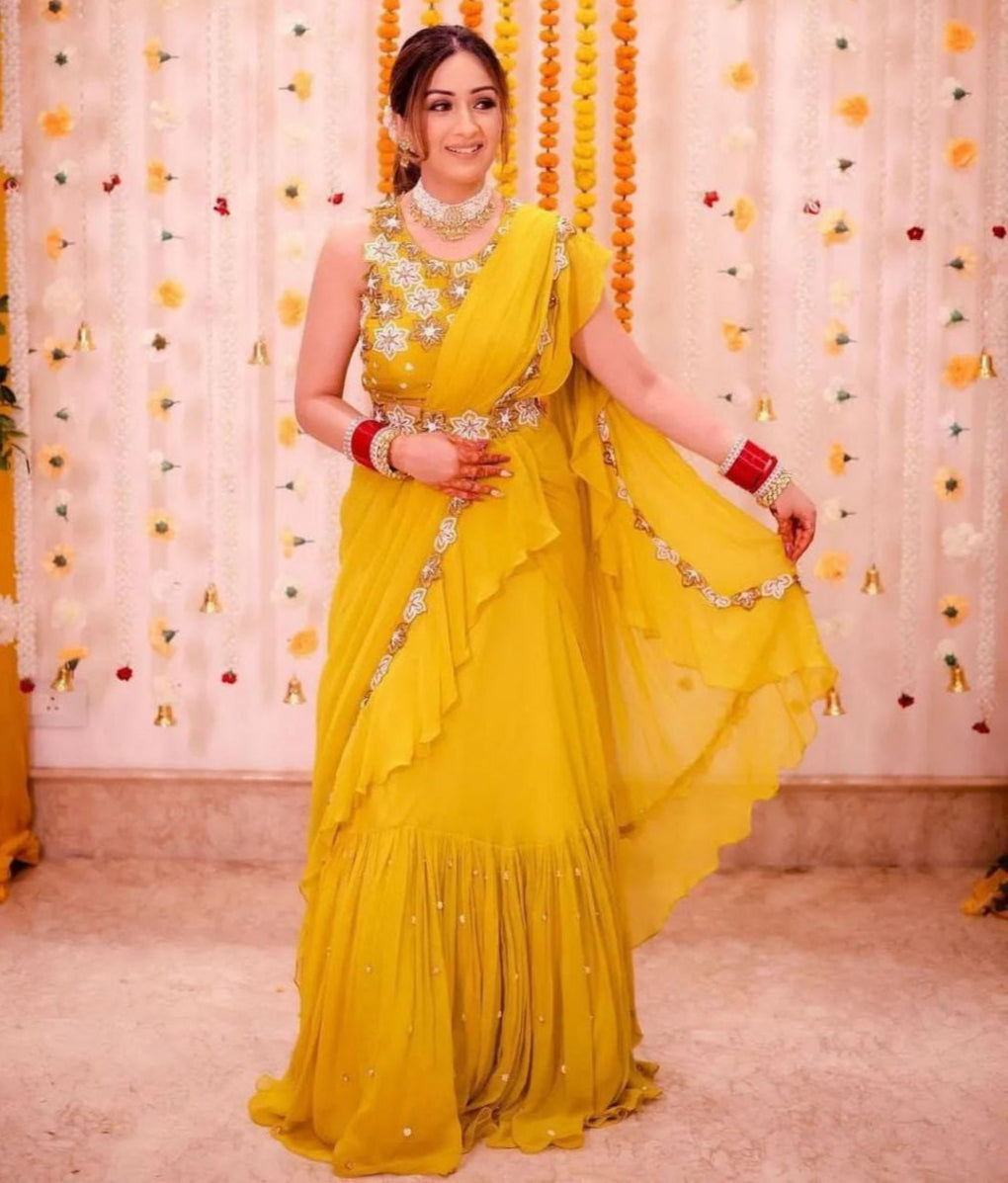 Yellow Georgette Ruffle Work with Sequence Work Saree