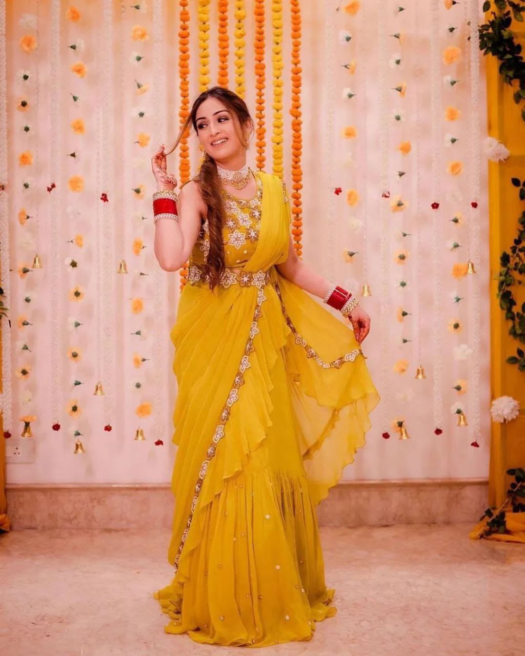 Yellow Georgette Ruffle Work with Sequence Work Saree
