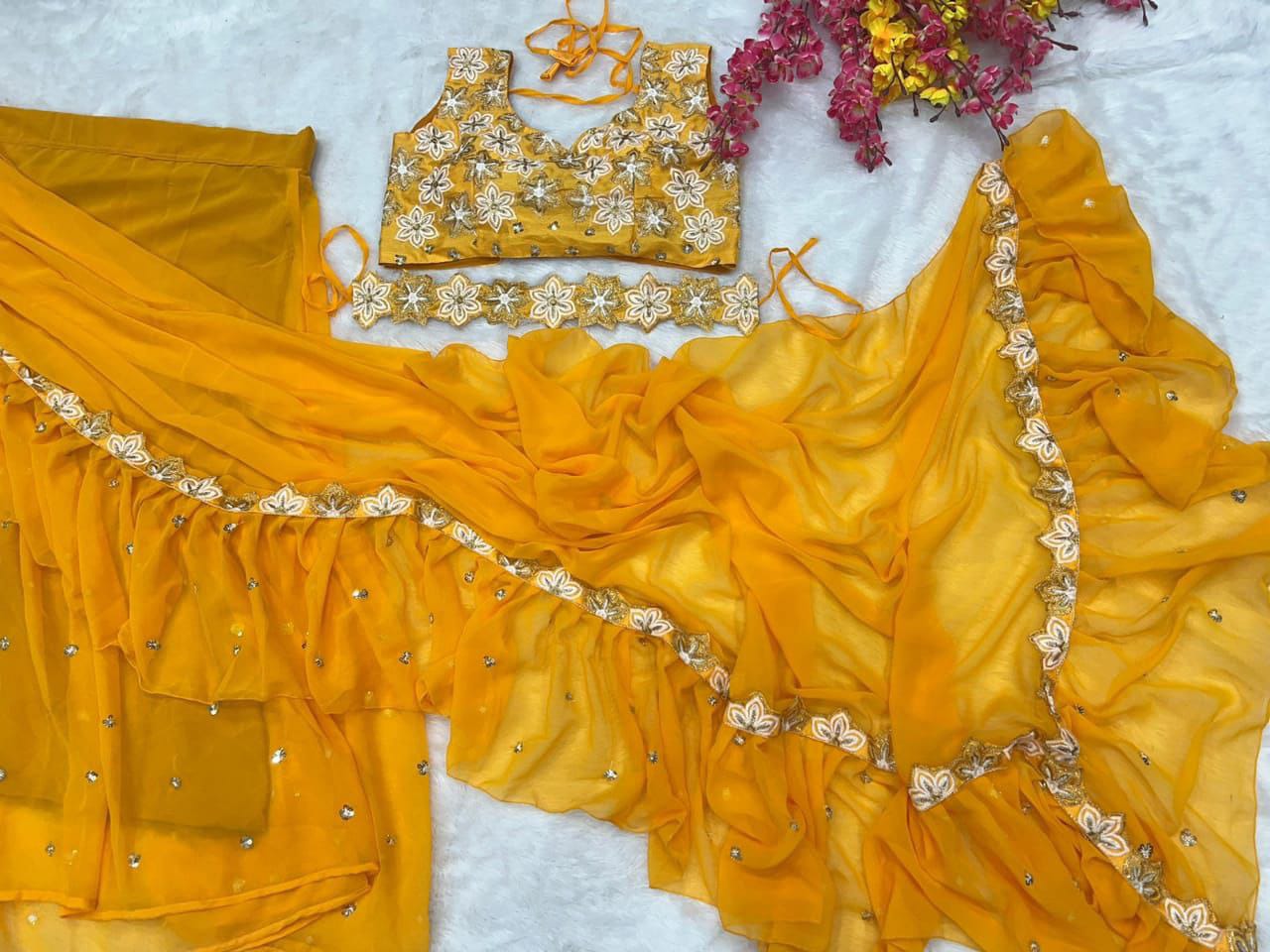 Yellow Georgette Ruffle Work with Sequence Work Saree