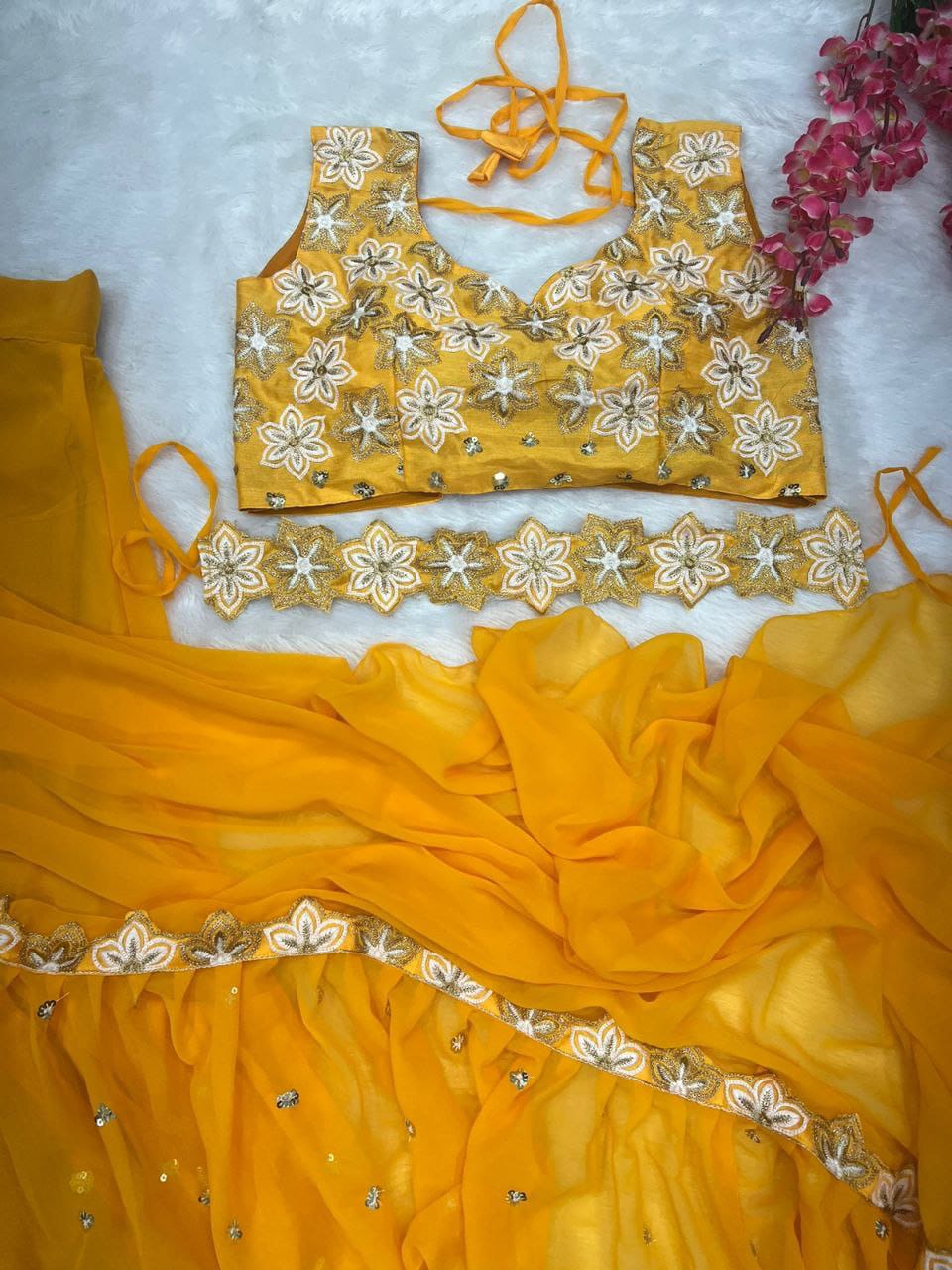 Yellow Georgette Ruffle Work with Sequence Work Saree