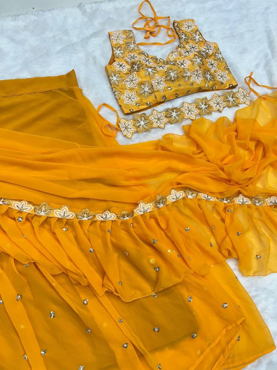 Yellow Georgette Ruffle Work with Sequence Work Saree