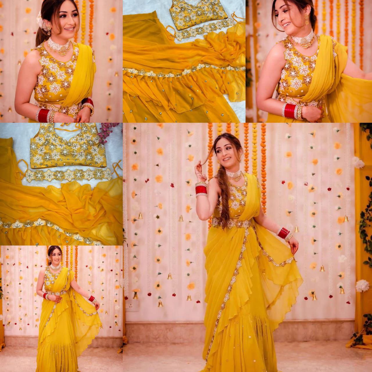 Yellow Georgette Ruffle Work with Sequence Work Saree