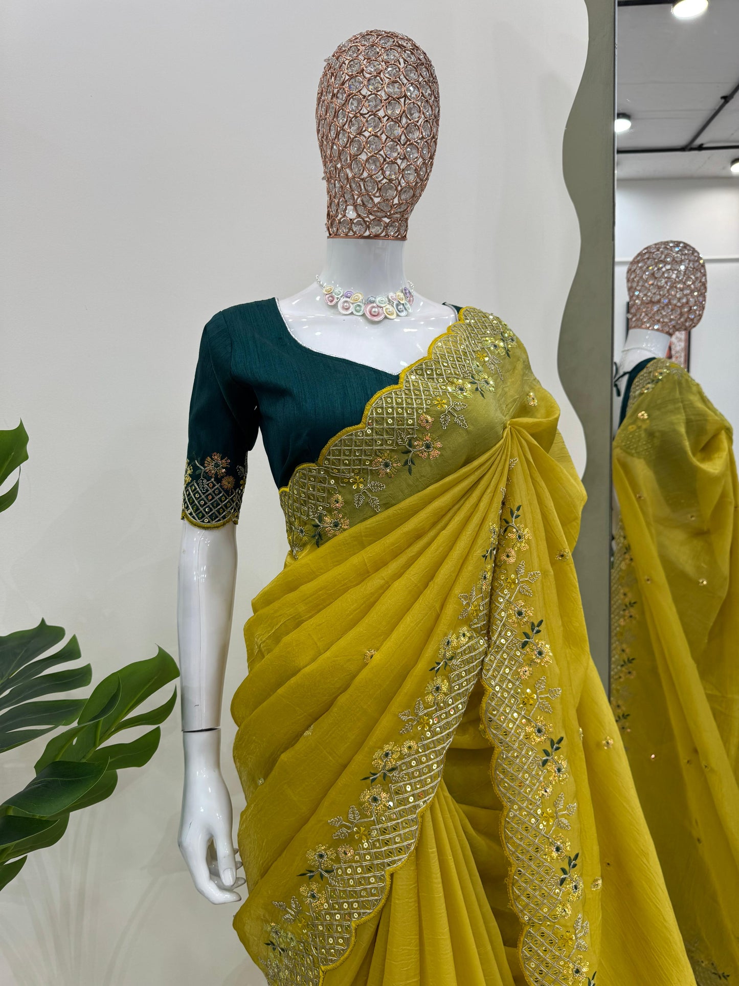 Parrot Green Crunchy Silk With Thread and Sequence Work Saree