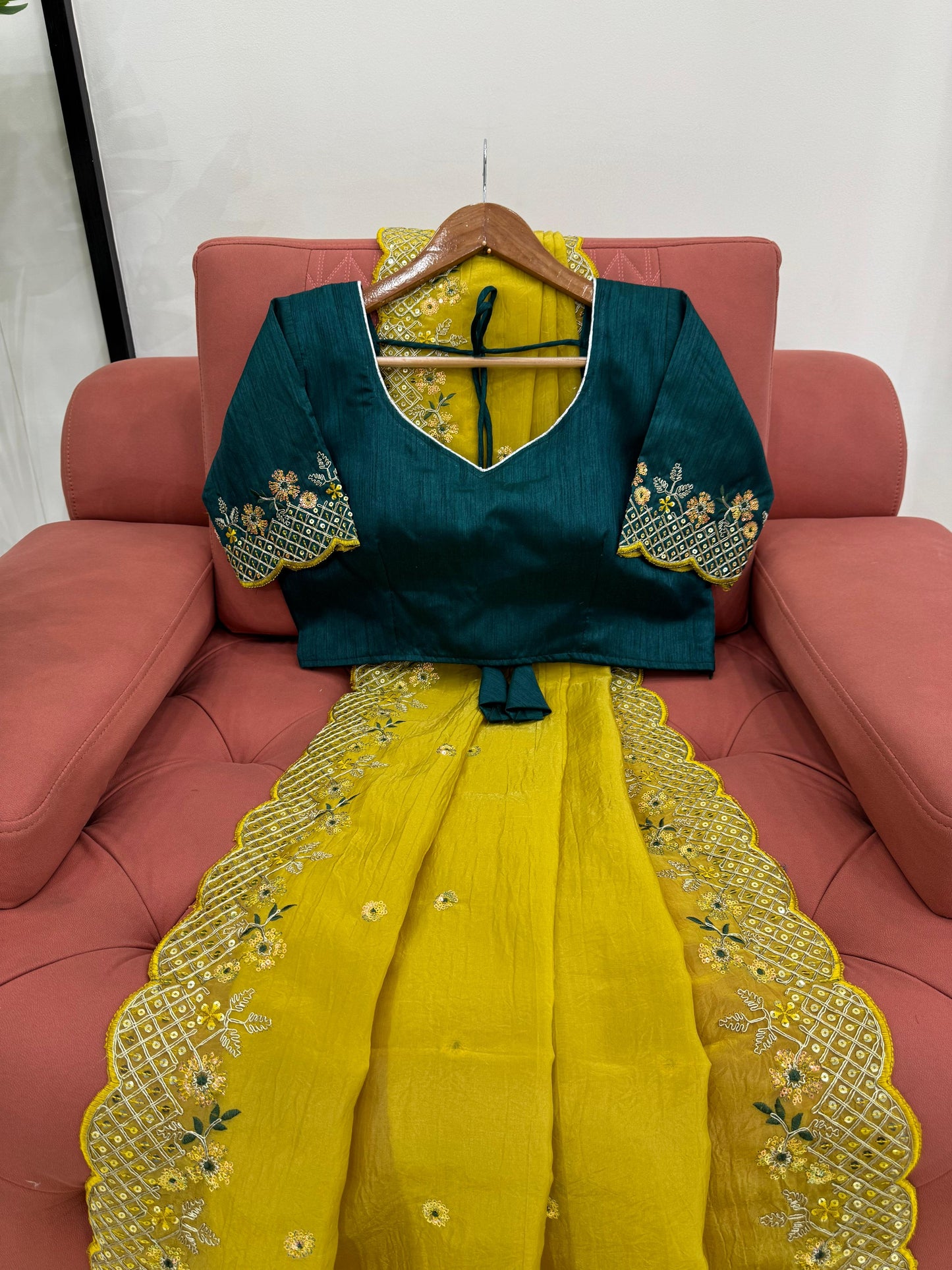 Parrot Green Crunchy Silk With Thread and Sequence Work Saree