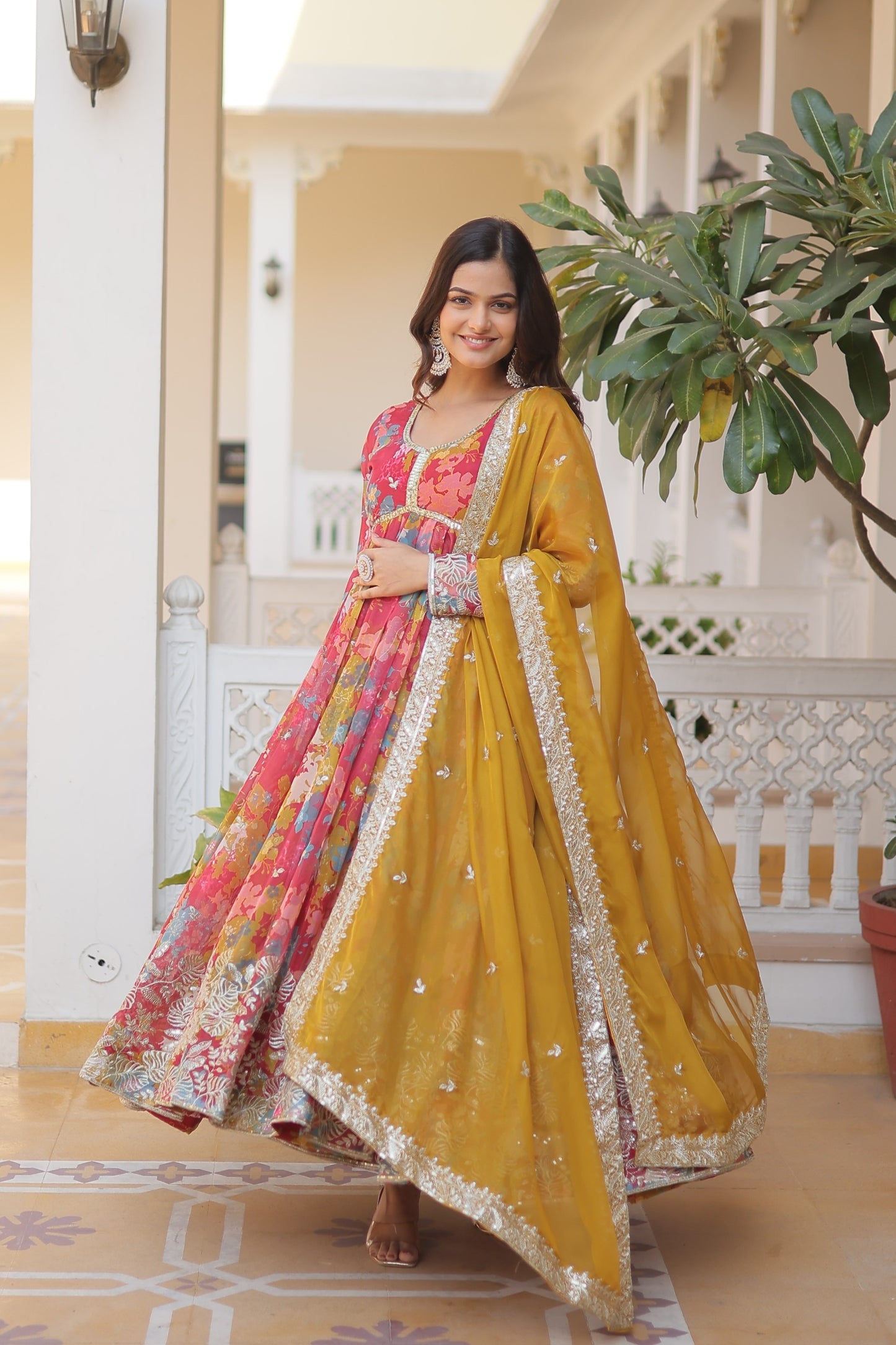 Russian silk Digital Printed With Embroidery Work Gown With Dupatta