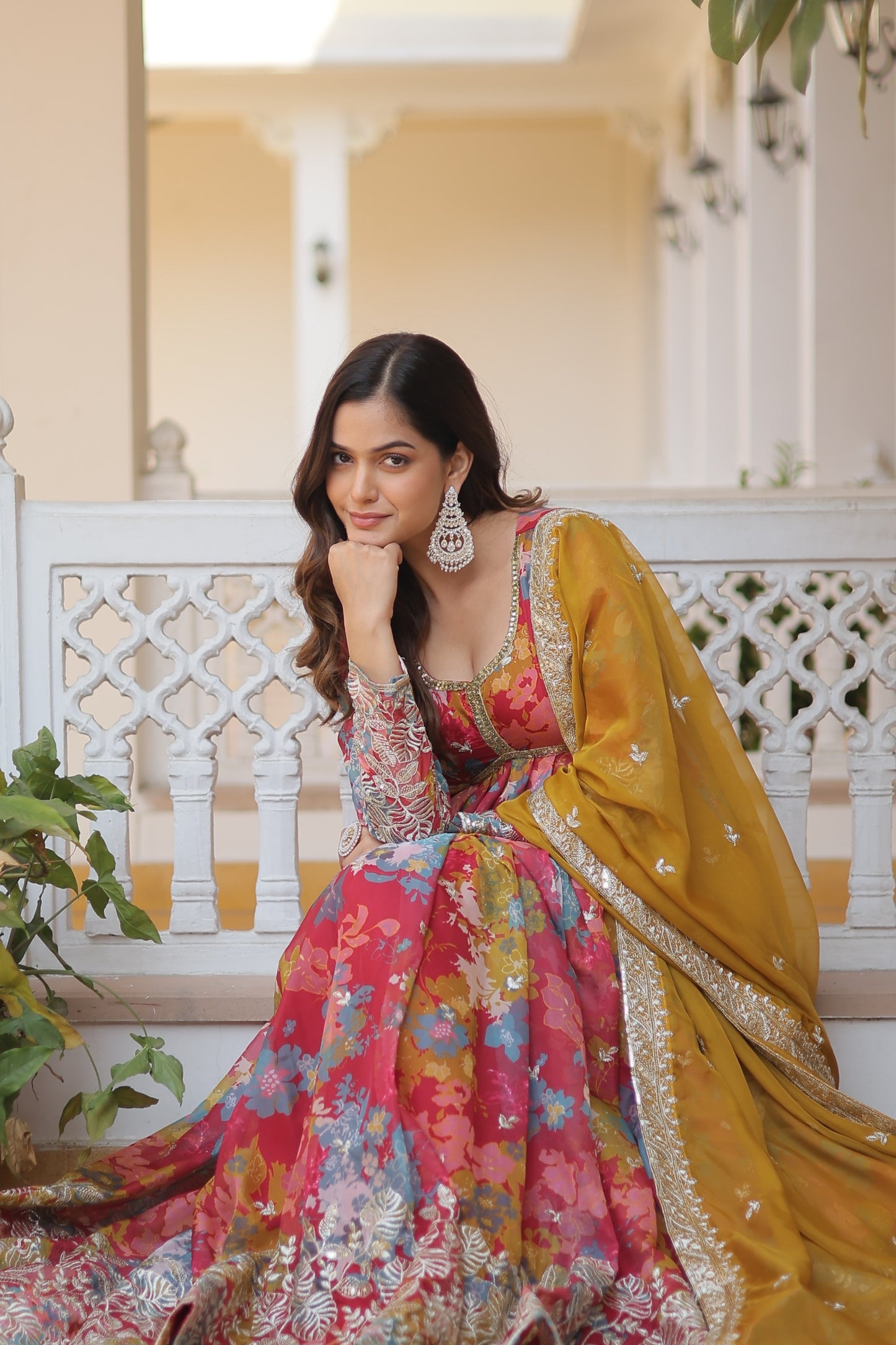 Russian silk Digital Printed With Embroidery Work Gown With Dupatta