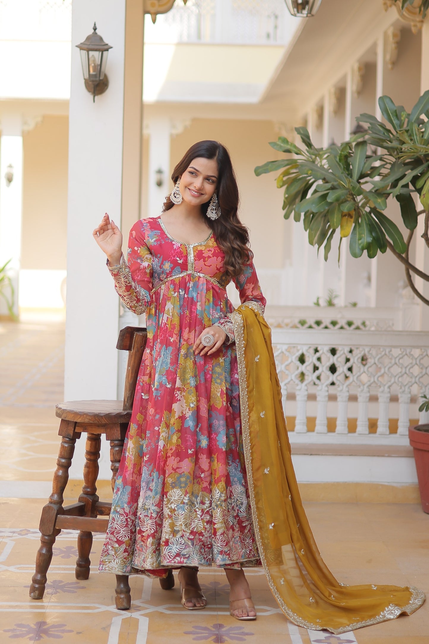 Russian silk Digital Printed With Embroidery Work Gown With Dupatta