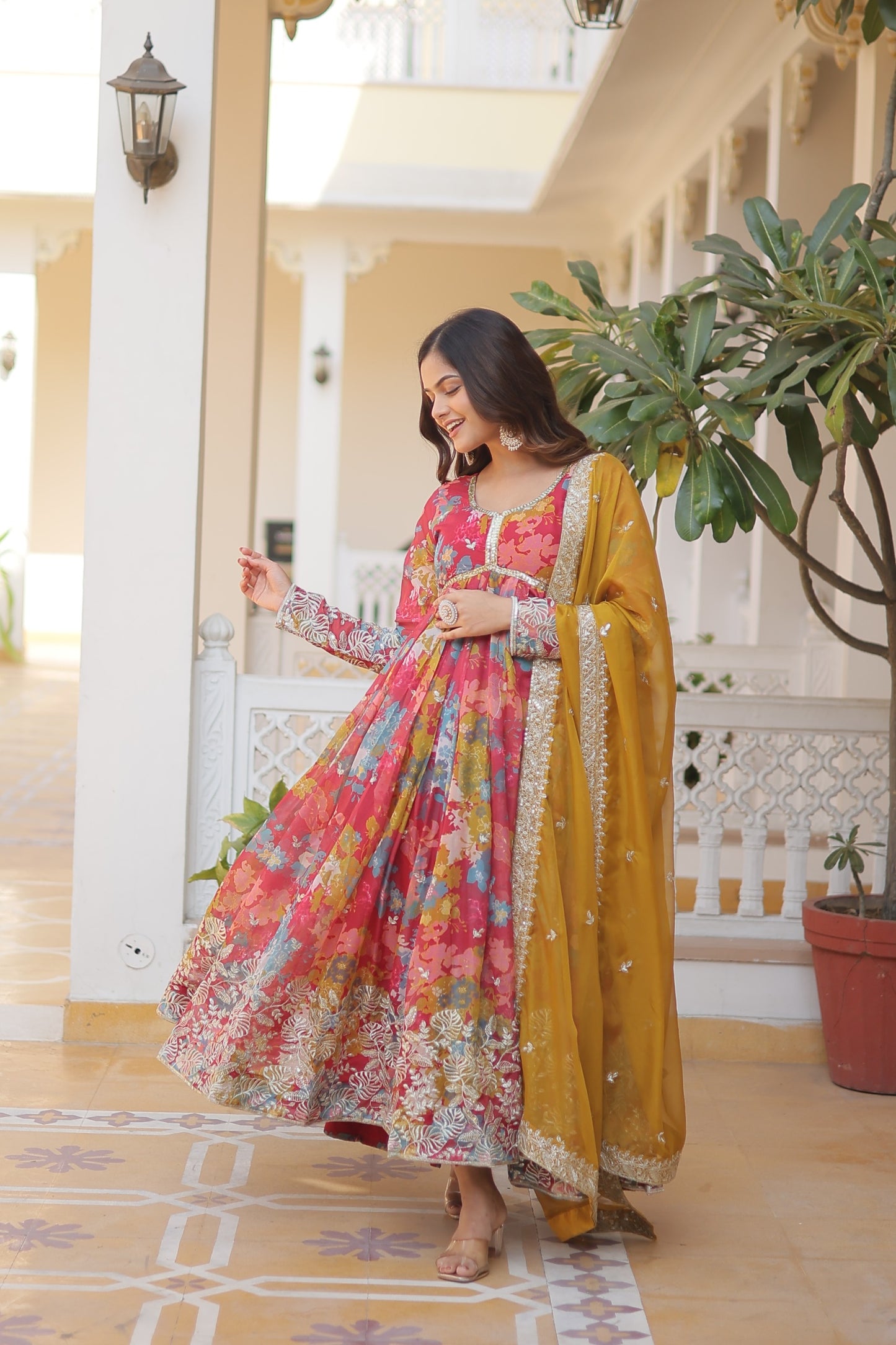 Russian silk Digital Printed With Embroidery Work Gown With Dupatta