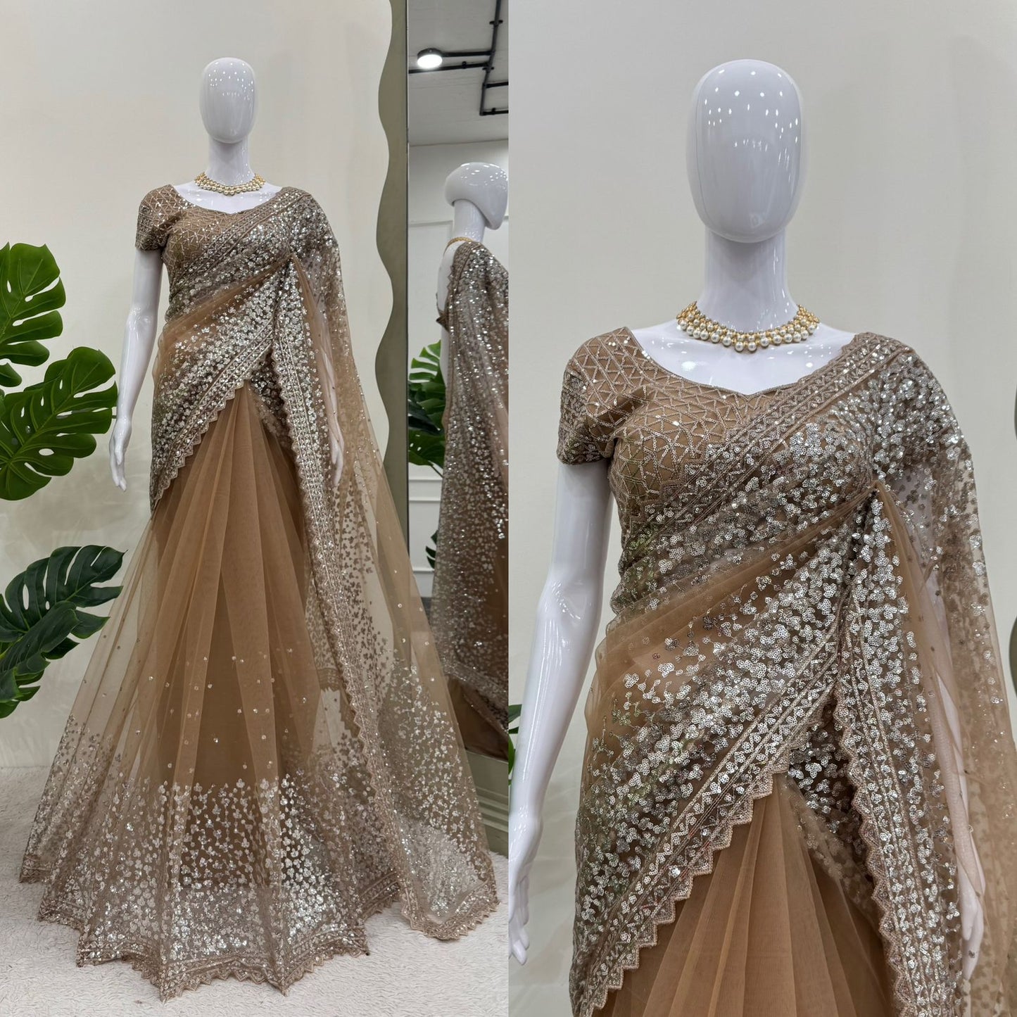 Cream Color Soft Net With Sequins work Saree