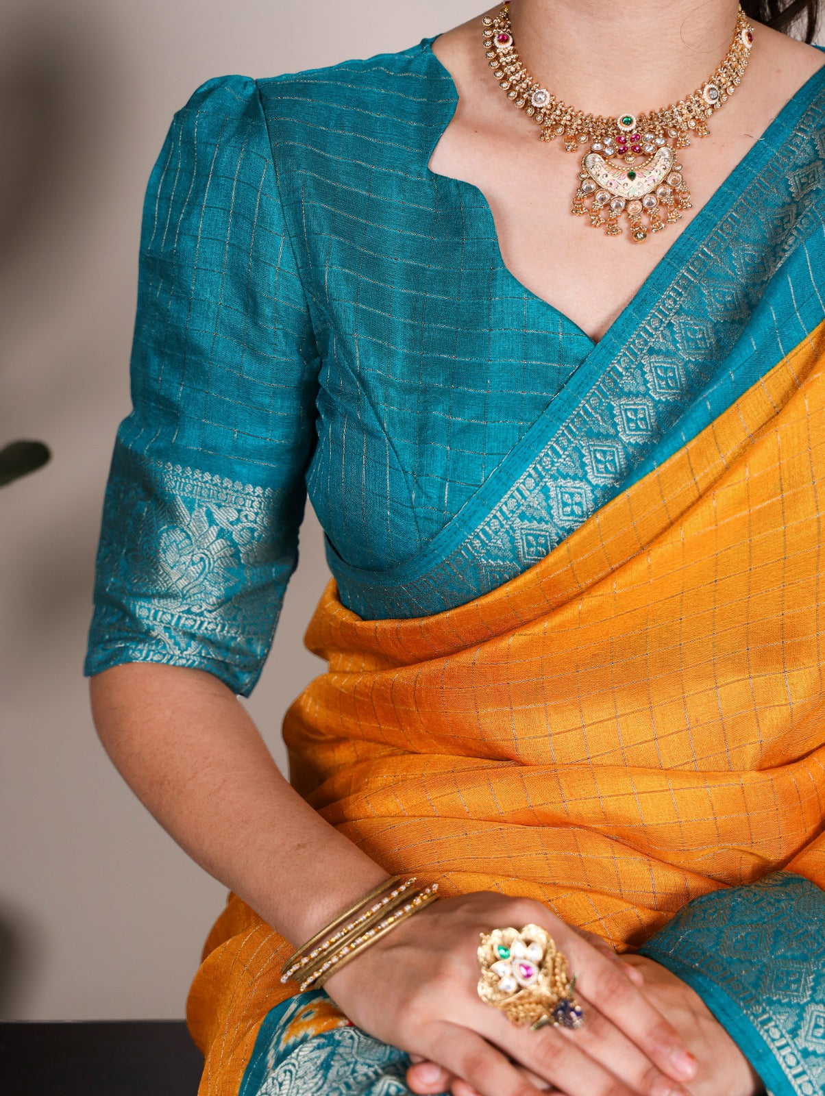Mustard Tussar Chex With Patola Print Saree