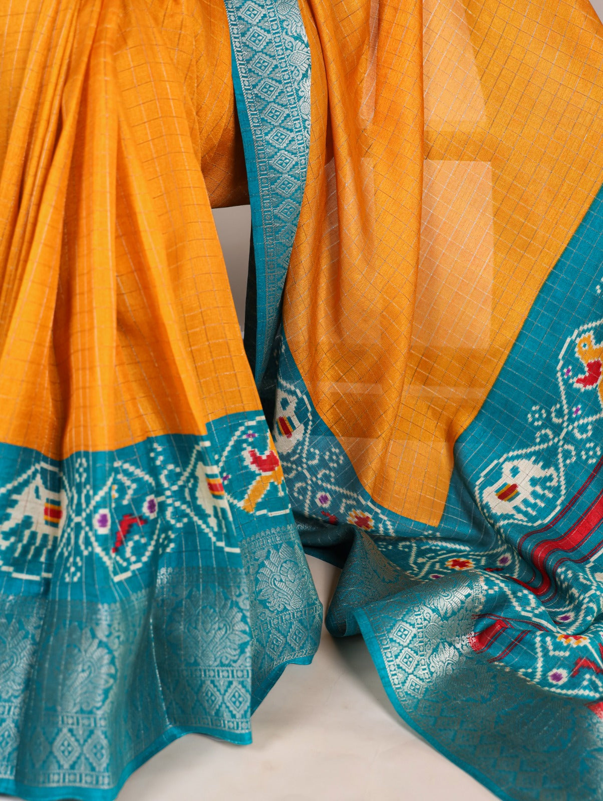 Mustard Tussar Chex With Patola Print Saree