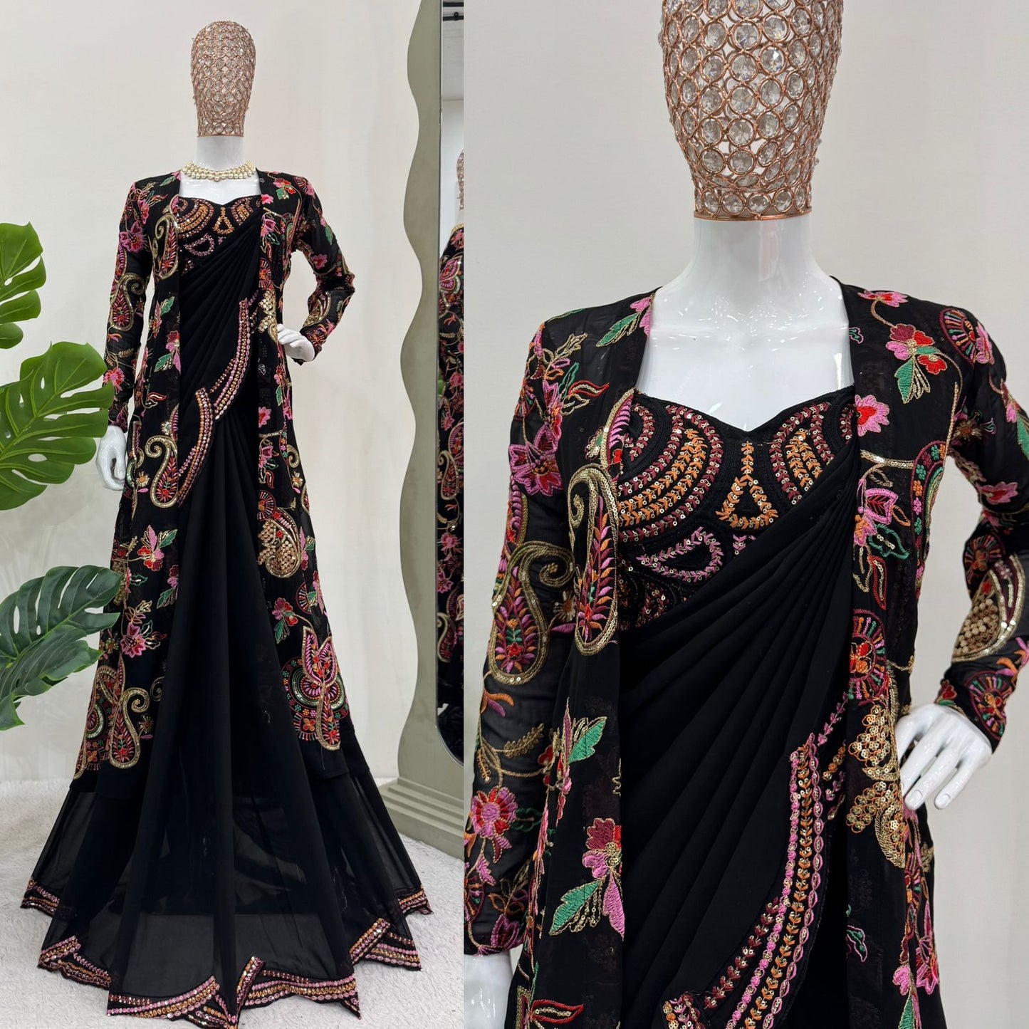 Black Faux Georgette Thread with Sequins Embroidery Work Saree