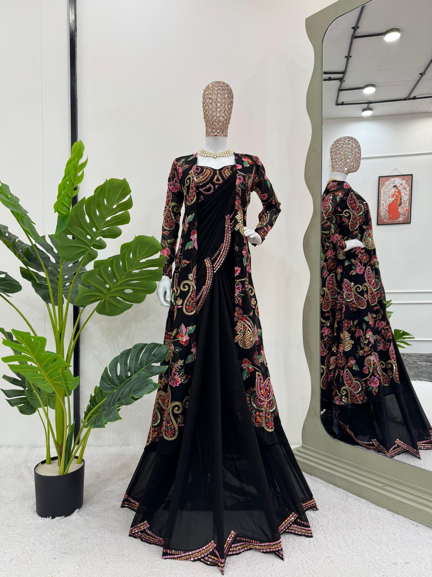 Black Faux Georgette Thread with Sequins Embroidery Work Saree