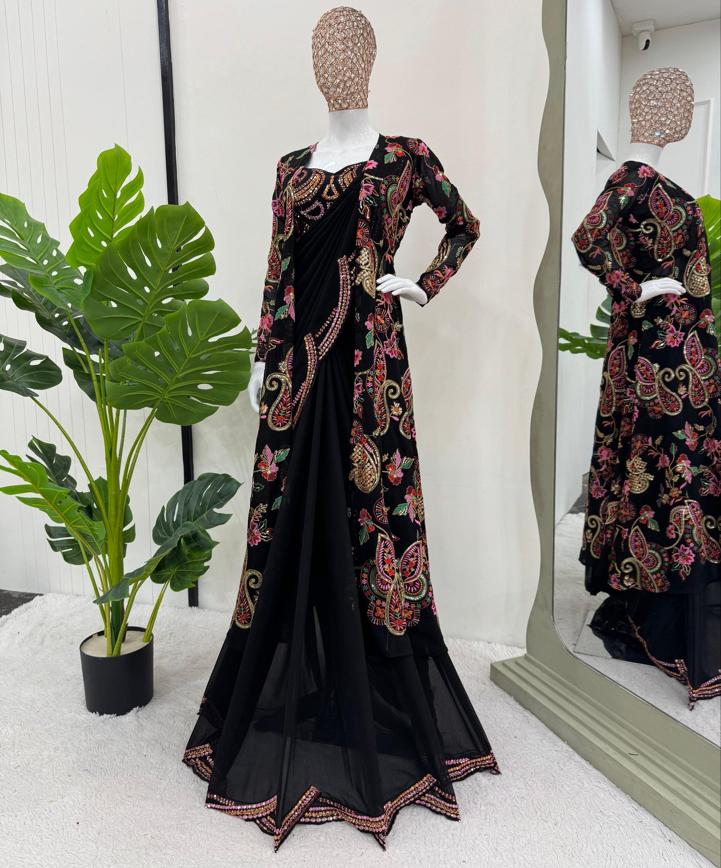 Black Faux Georgette Thread with Sequins Embroidery Work Saree