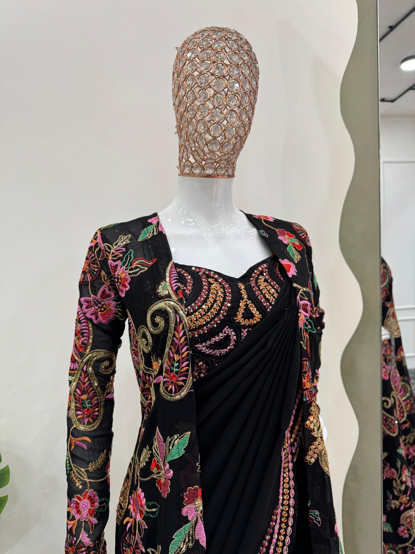 Black Faux Georgette Thread with Sequins Embroidery Work Saree