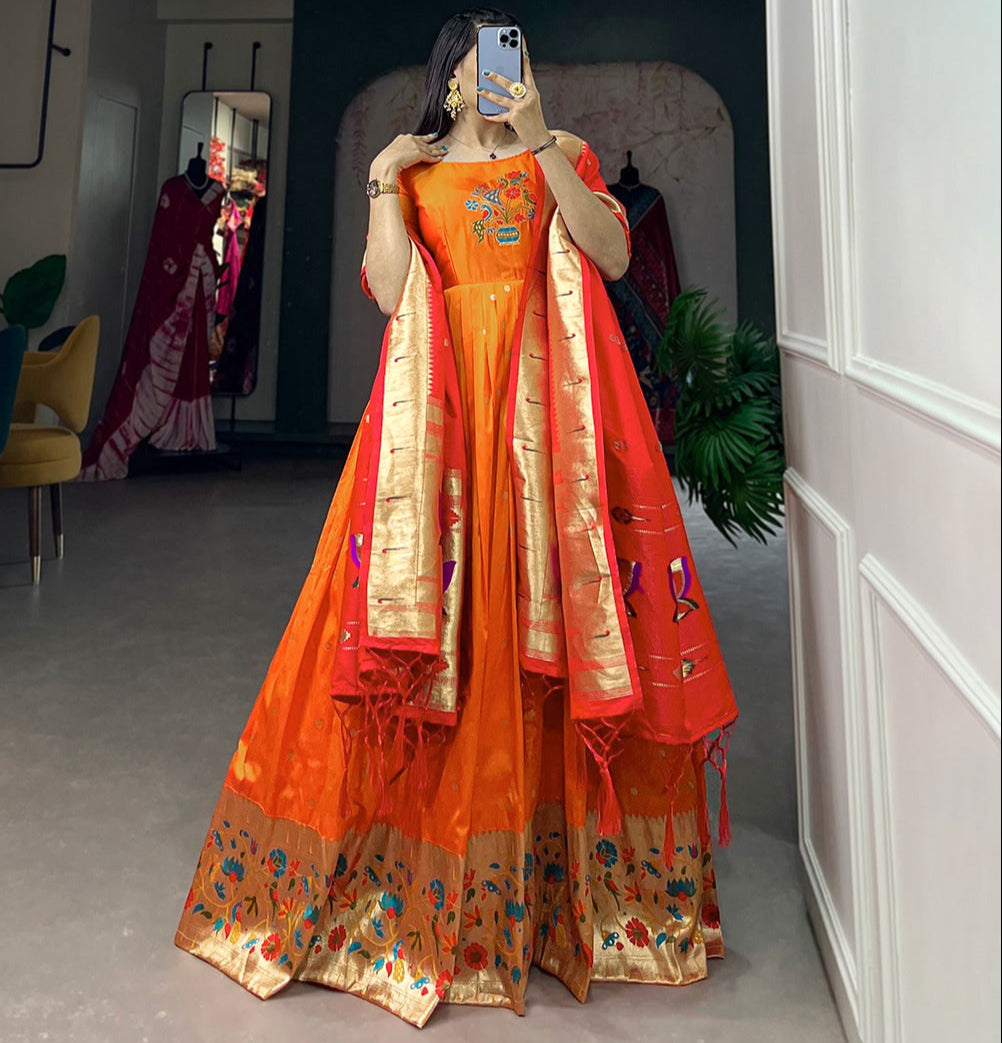 Orange Jacquard Silk With Zari Work Gown With Dupatta