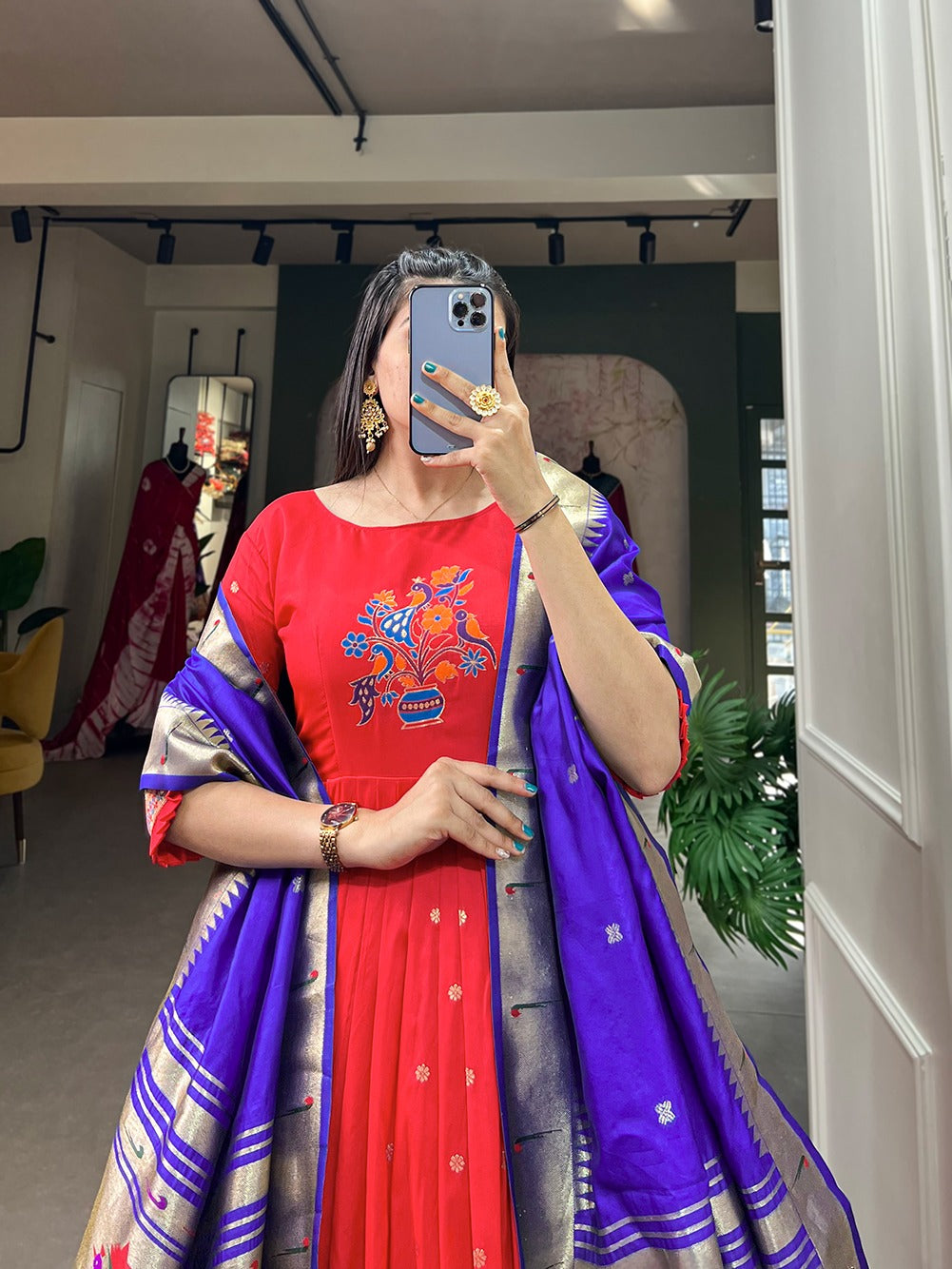Red Jacquard Silk With Zari Work Gown With Dupatta