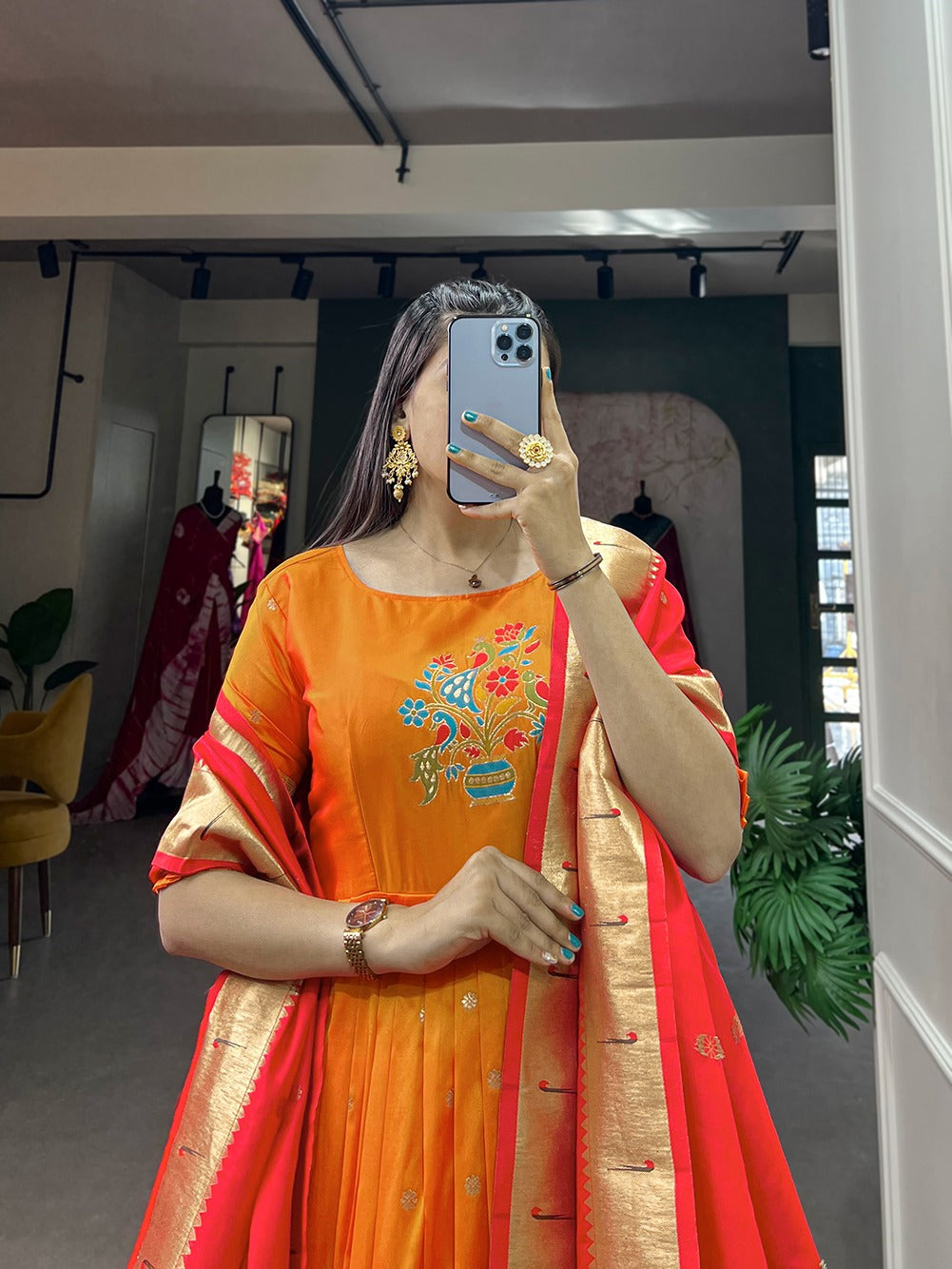 Orange Jacquard Silk With Zari Work Gown With Dupatta