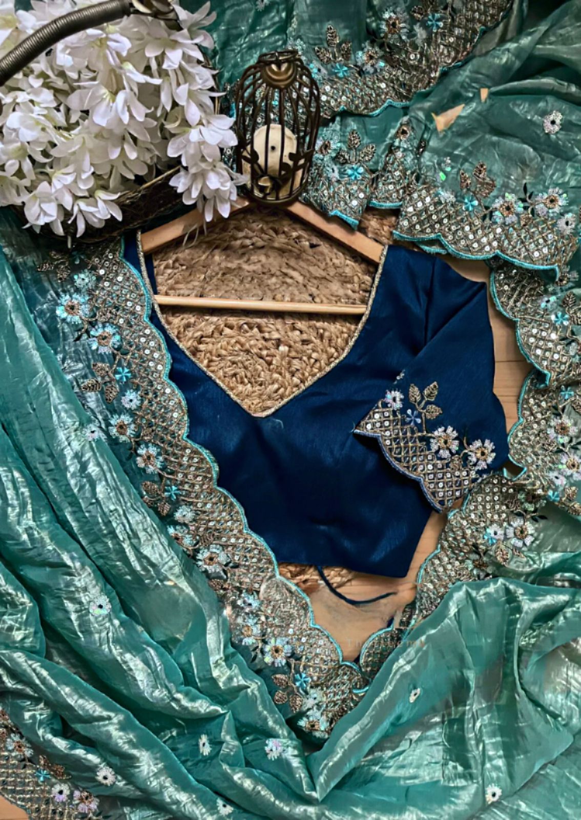 Sky Blue Crunchy Silk With Thread & Sequins Work Saree