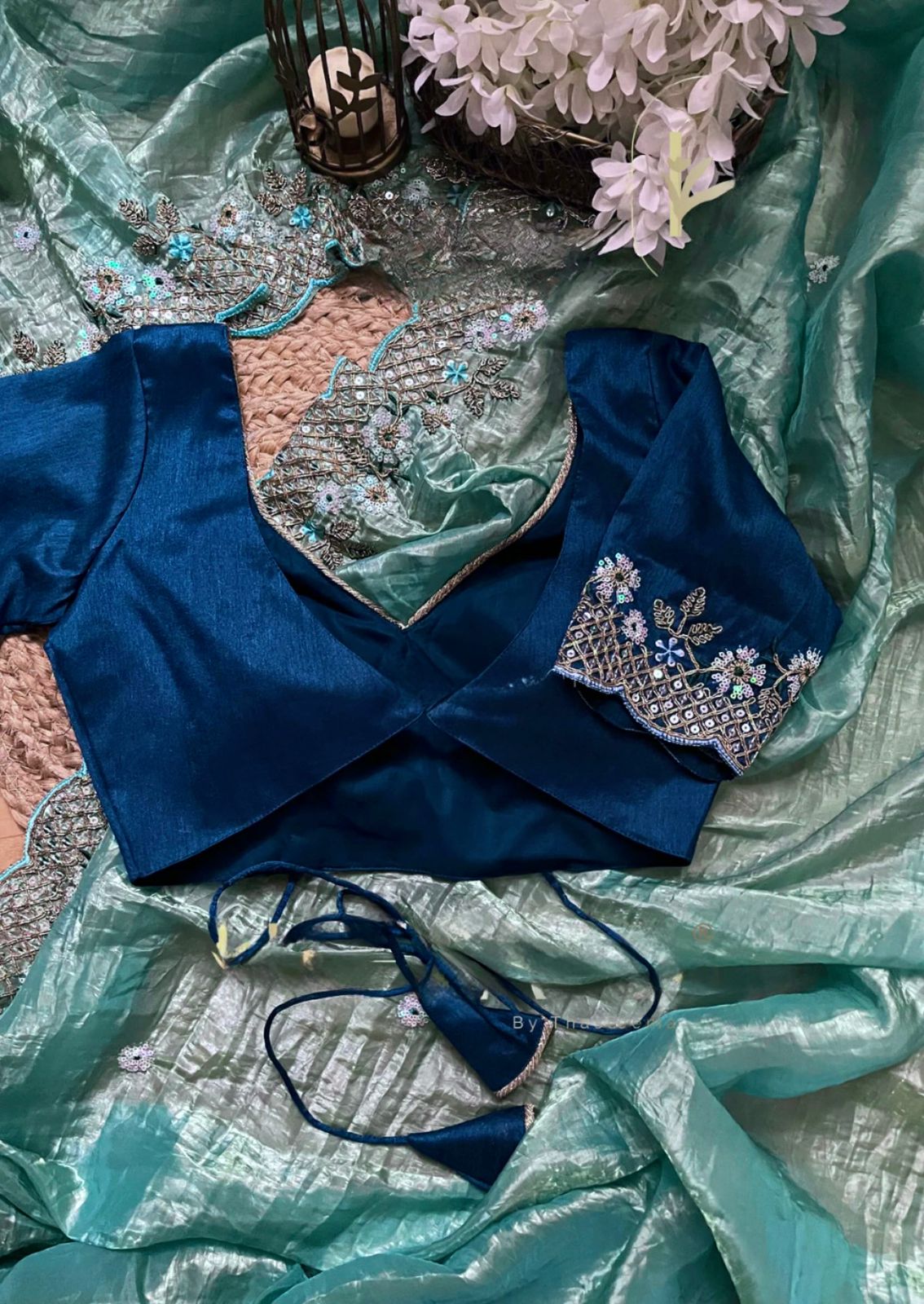 Sky Blue Crunchy Silk With Thread & Sequins Work Saree