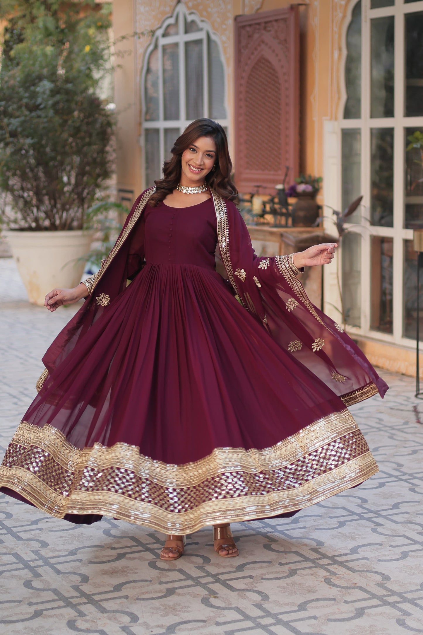 Faux Blooming With Zari & Sequins Work Gown with Dupatta