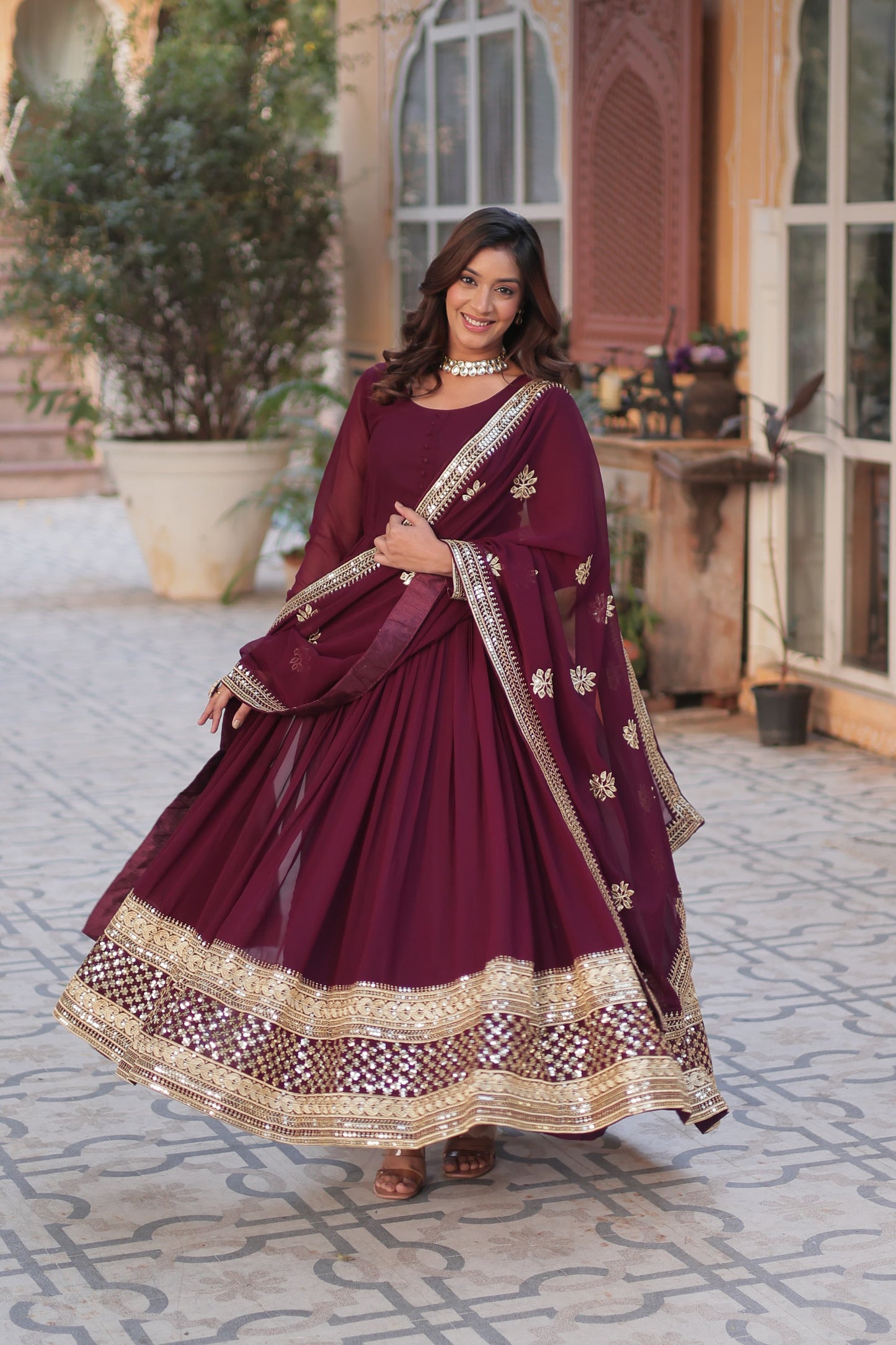 Faux Blooming With Zari & Sequins Work Gown with Dupatta