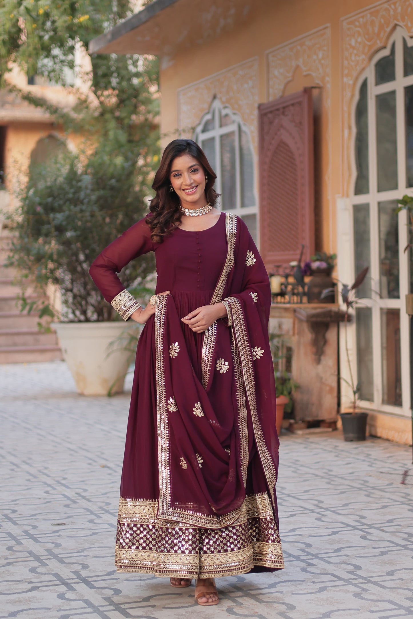 Faux Blooming With Zari & Sequins Work Gown with Dupatta