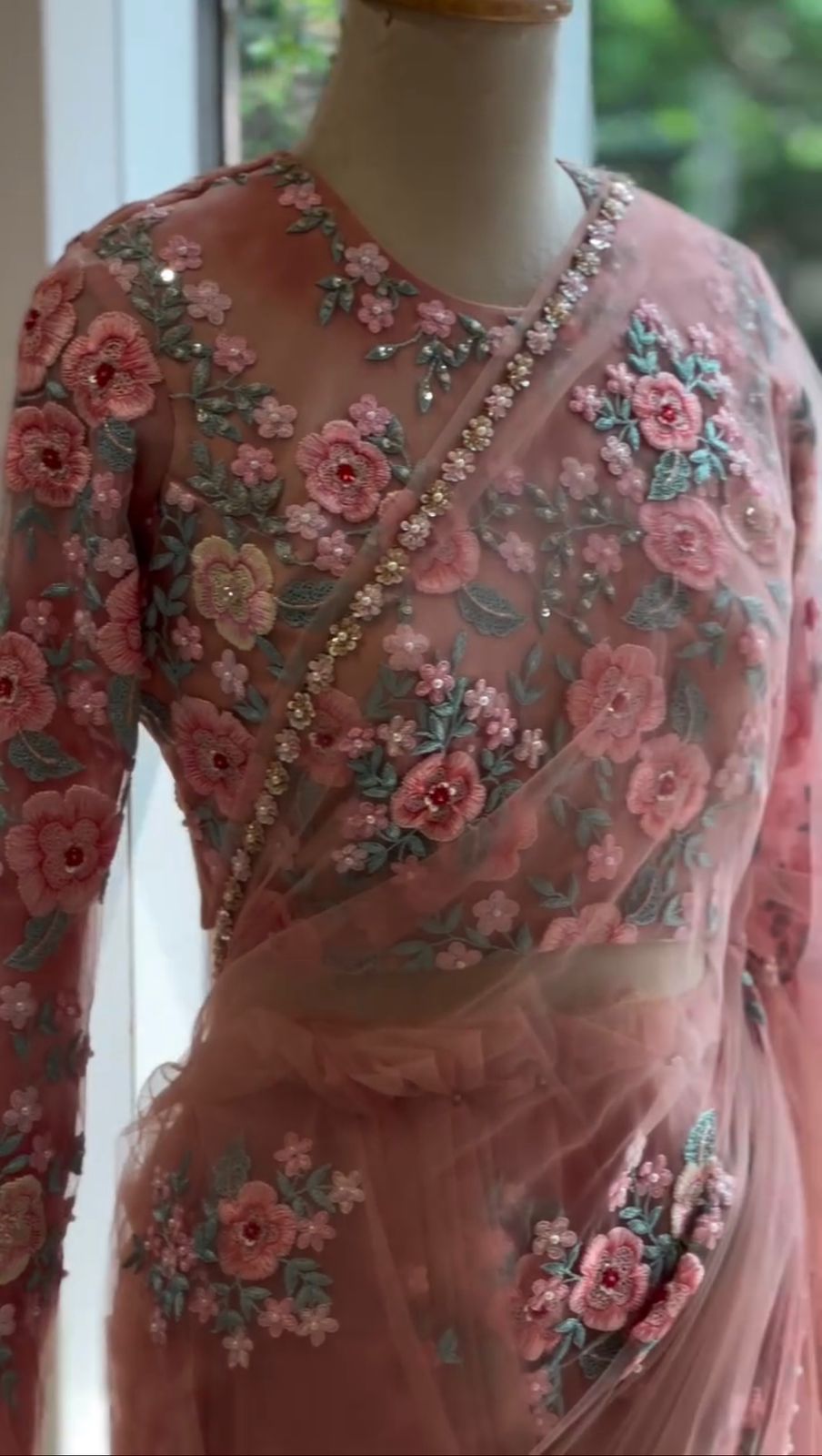 Baby Pink Soft Net Thread Sequins Work Saree