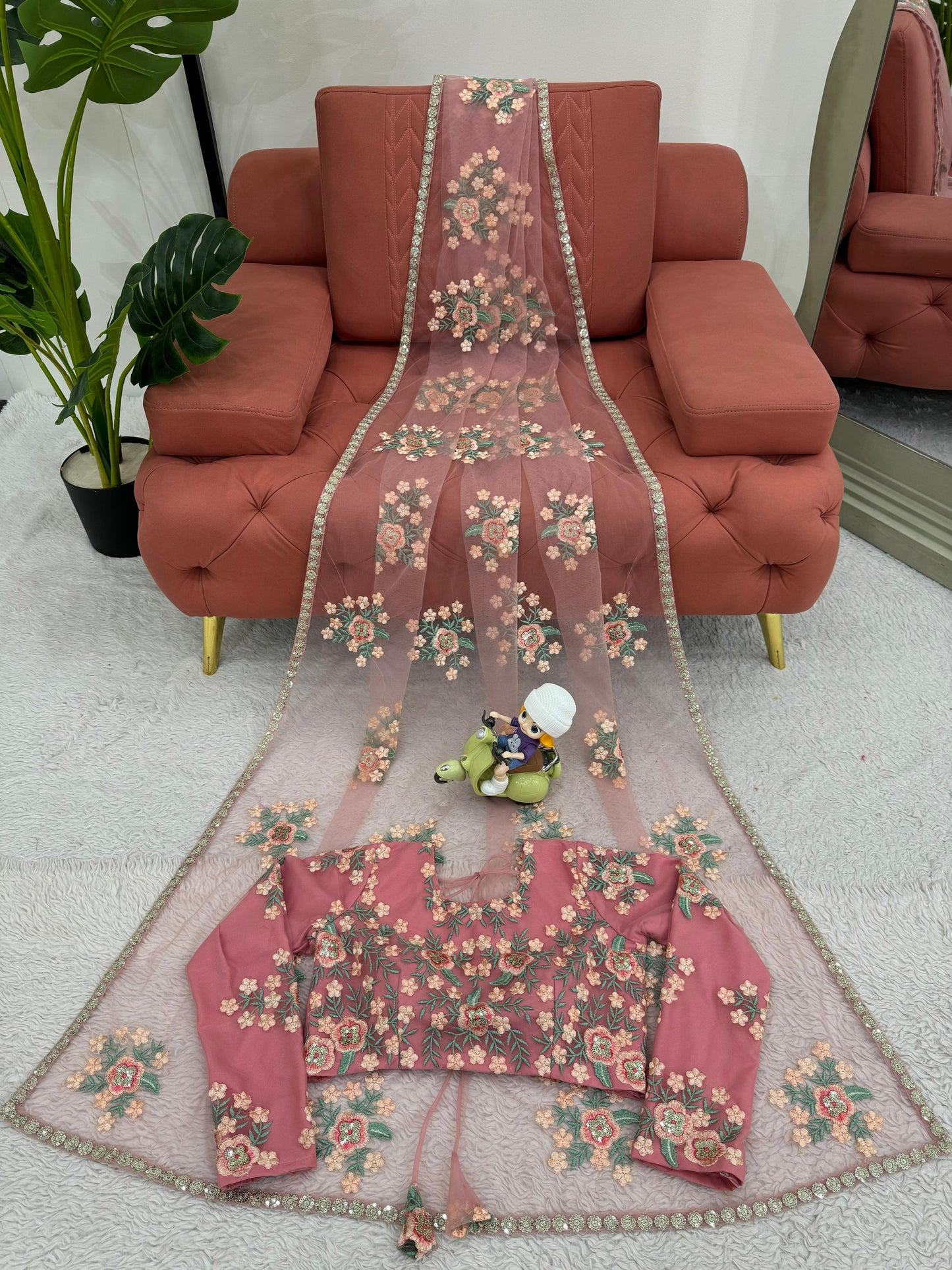 Baby Pink Soft Net Thread Sequins Work Saree