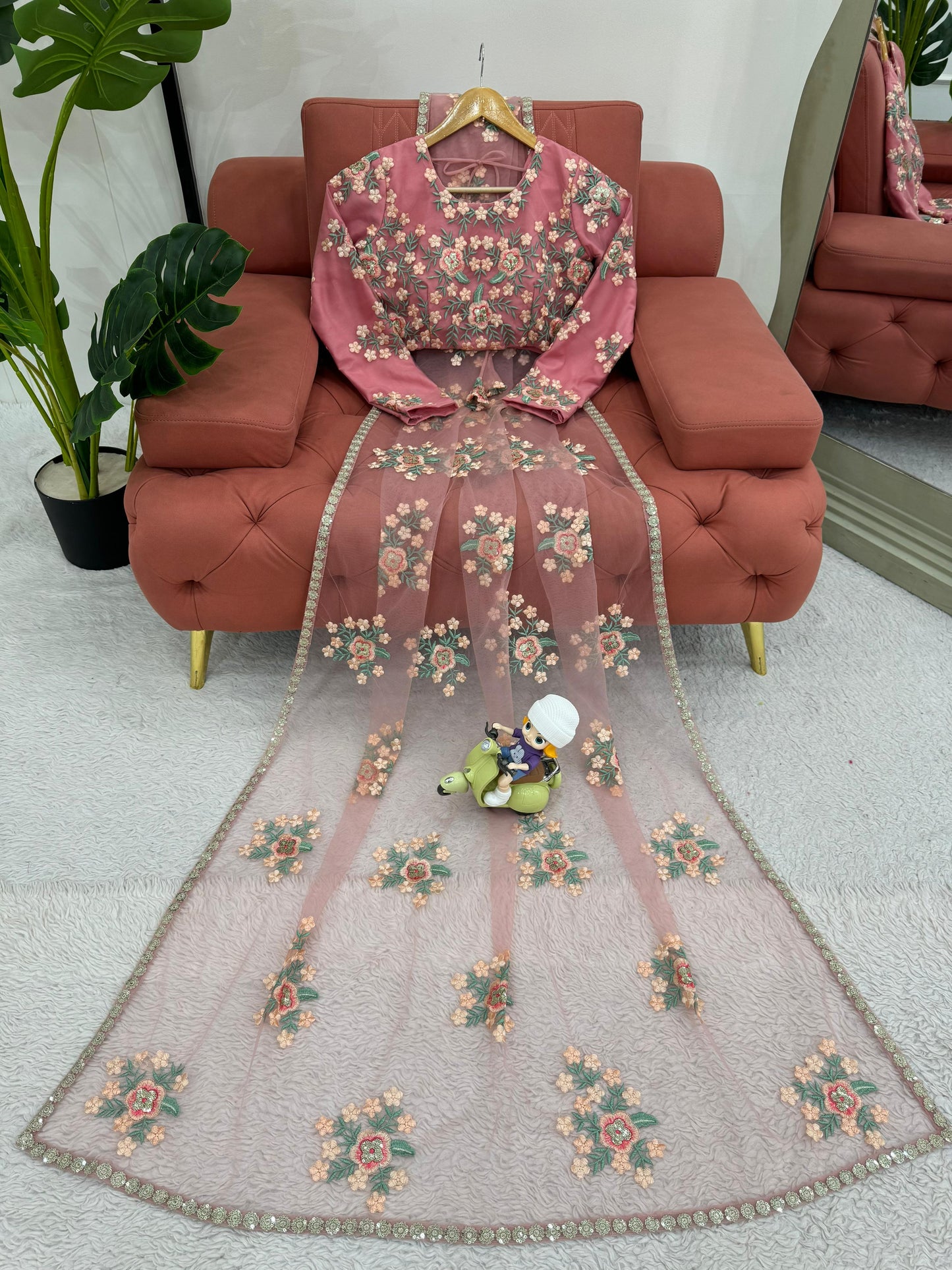 Baby Pink Soft Net Thread Sequins Work Saree