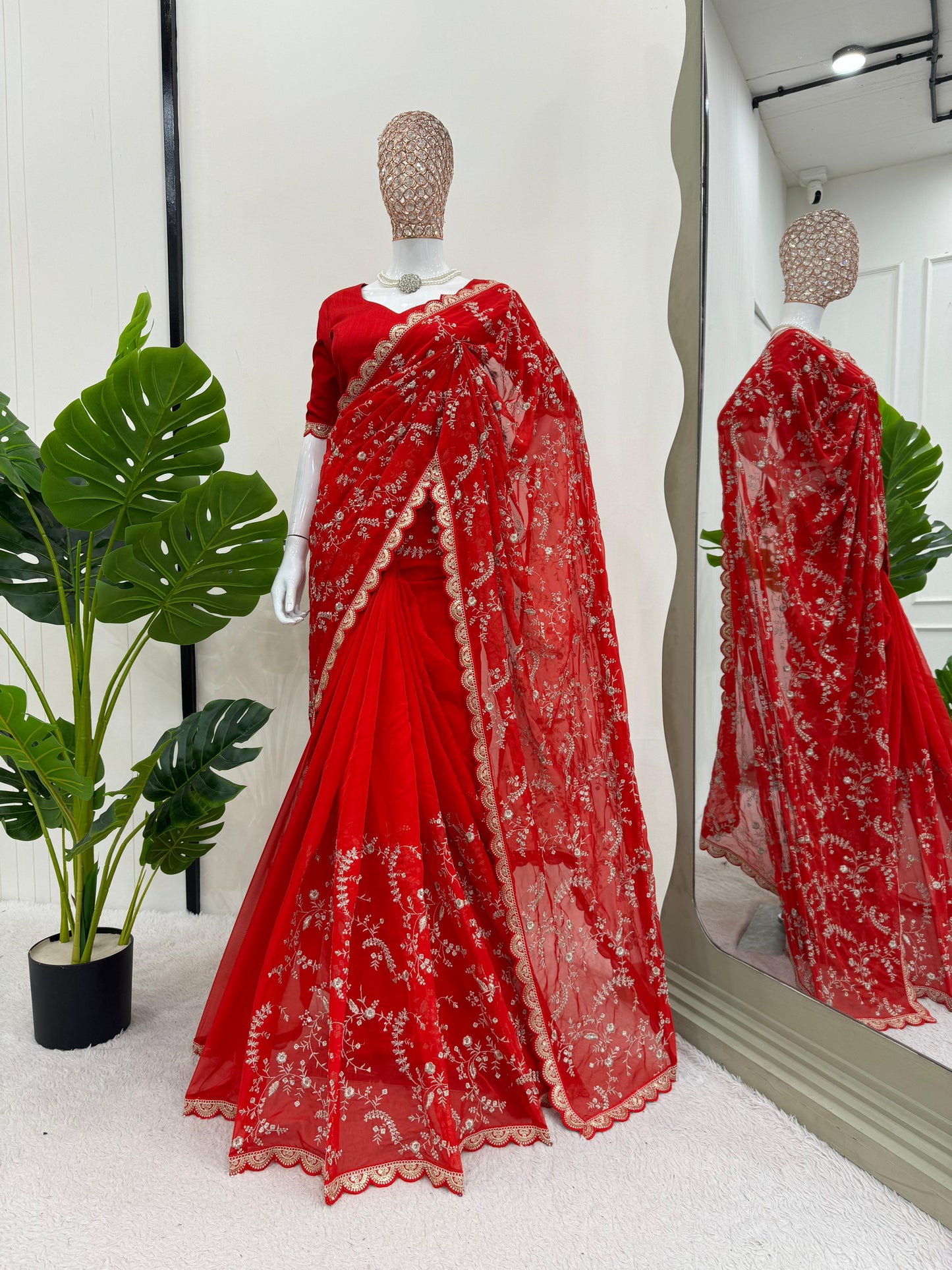 Red Heavy Tibby Silk With Coding Work Saree
