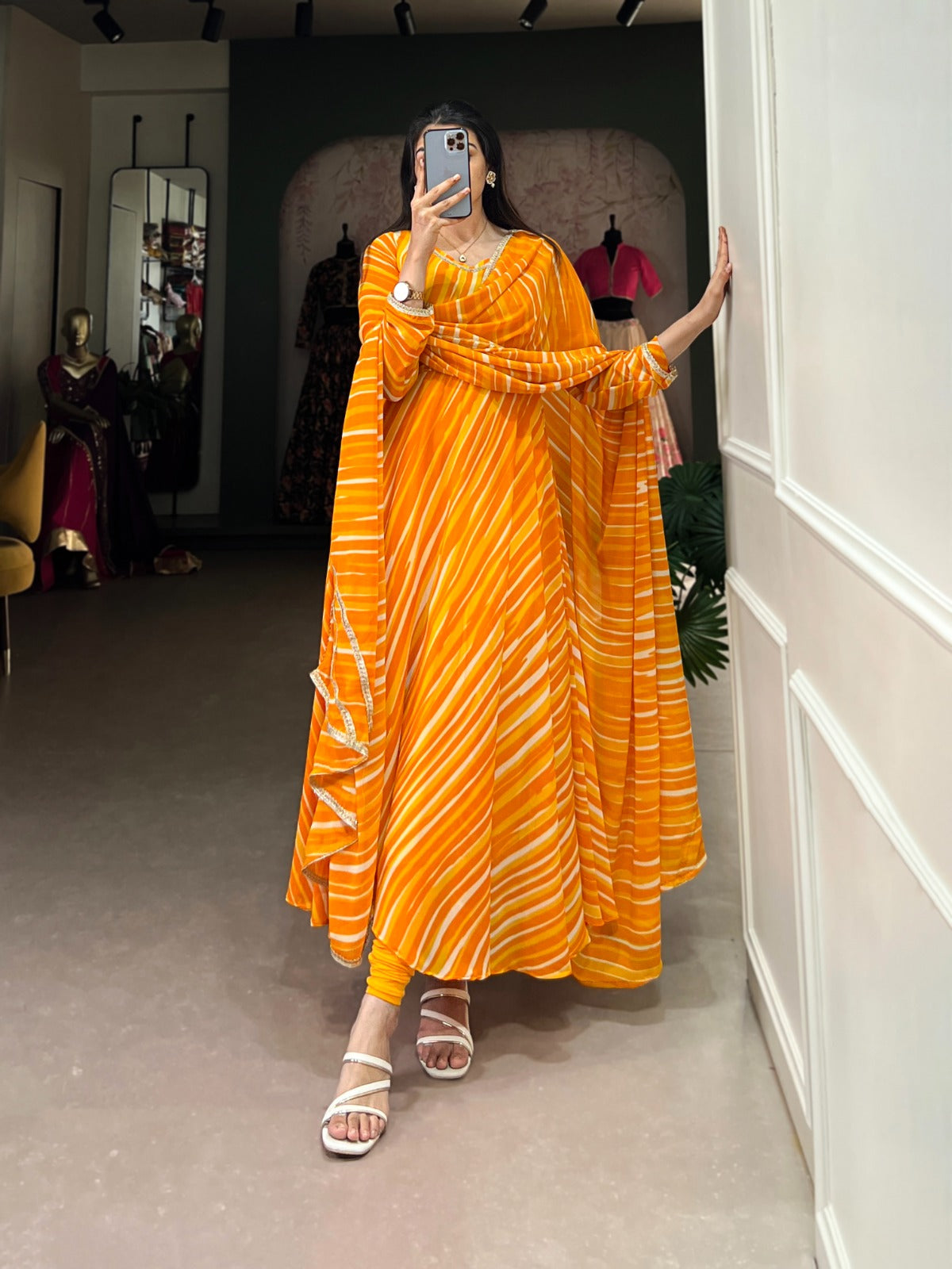 Yellow Leheriya Georgette with Lace Gown With Dupatta