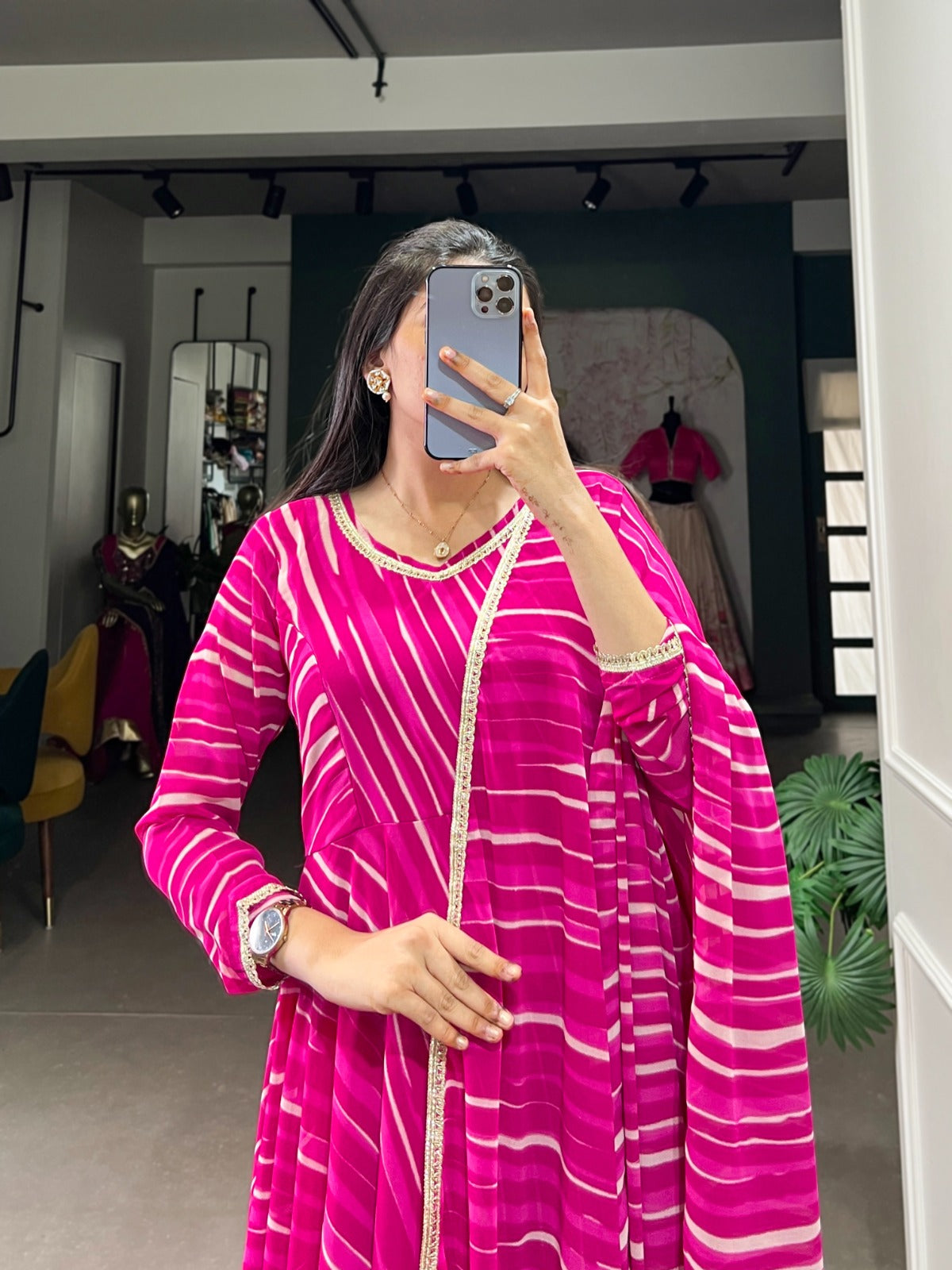 Pink Leheriya Georgette with Lace Gown With Dupatta