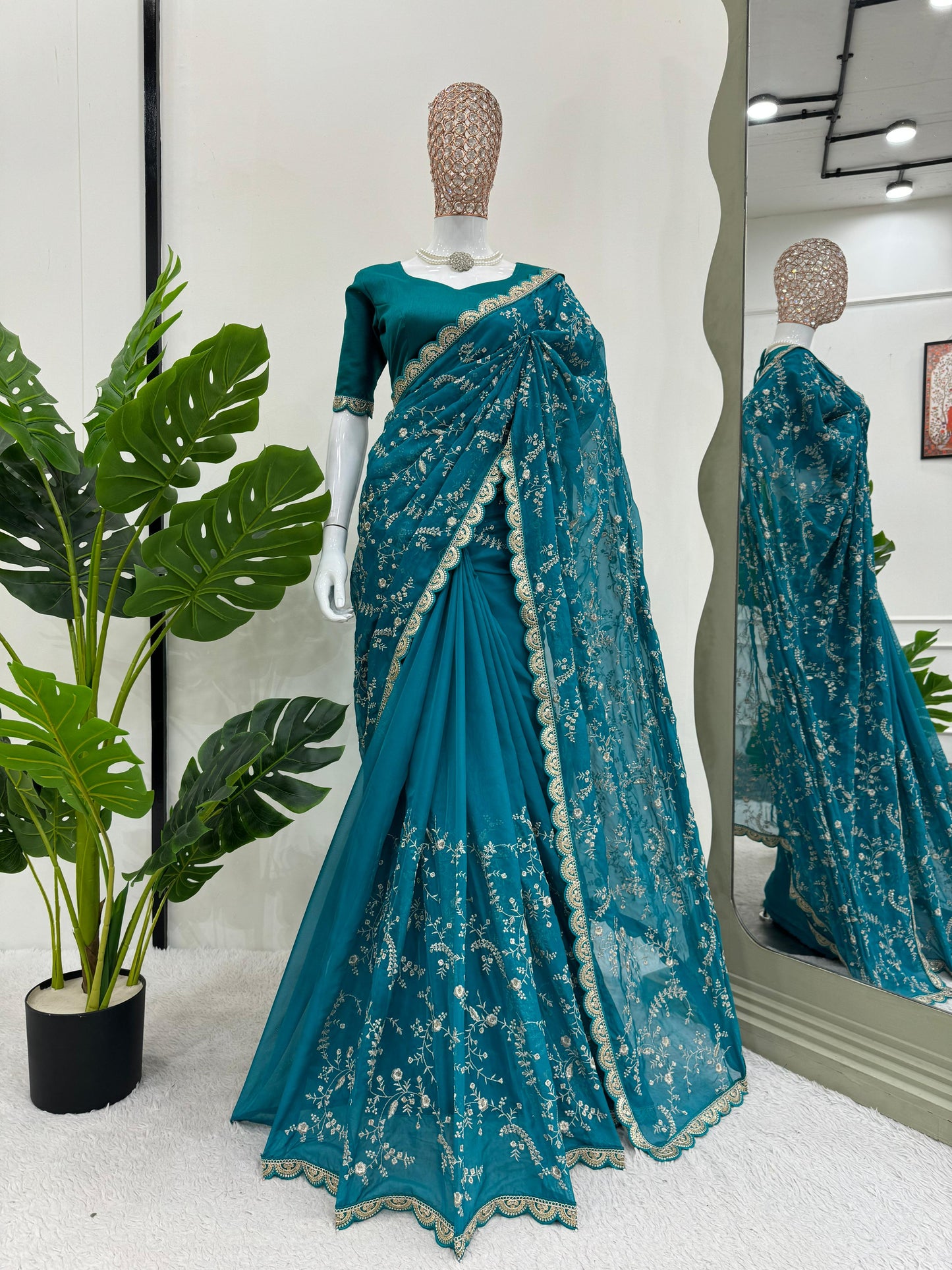 Rama Heavy Tibby Silk With Coding Work Saree