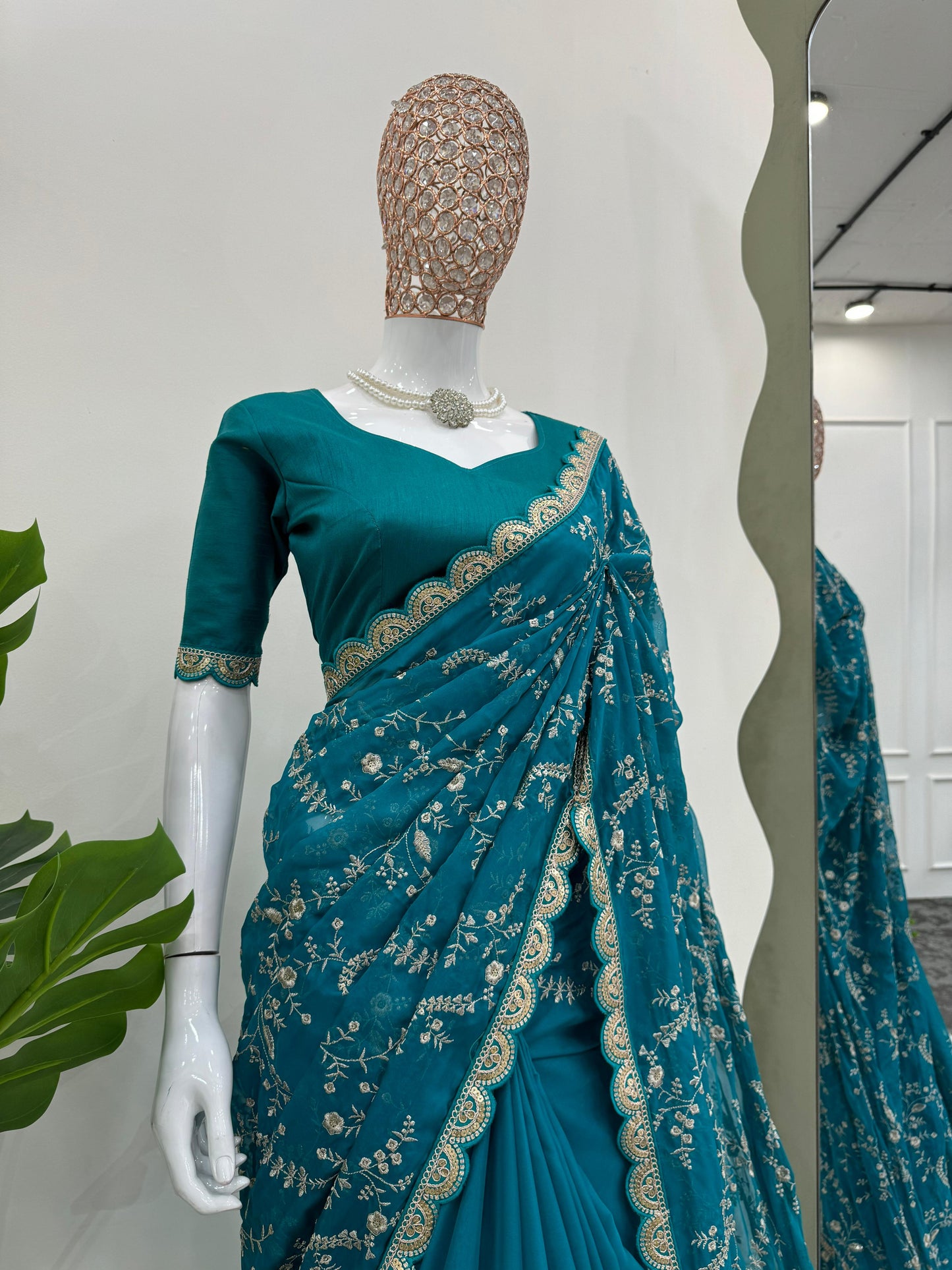 Rama Heavy Tibby Silk With Coding Work Saree